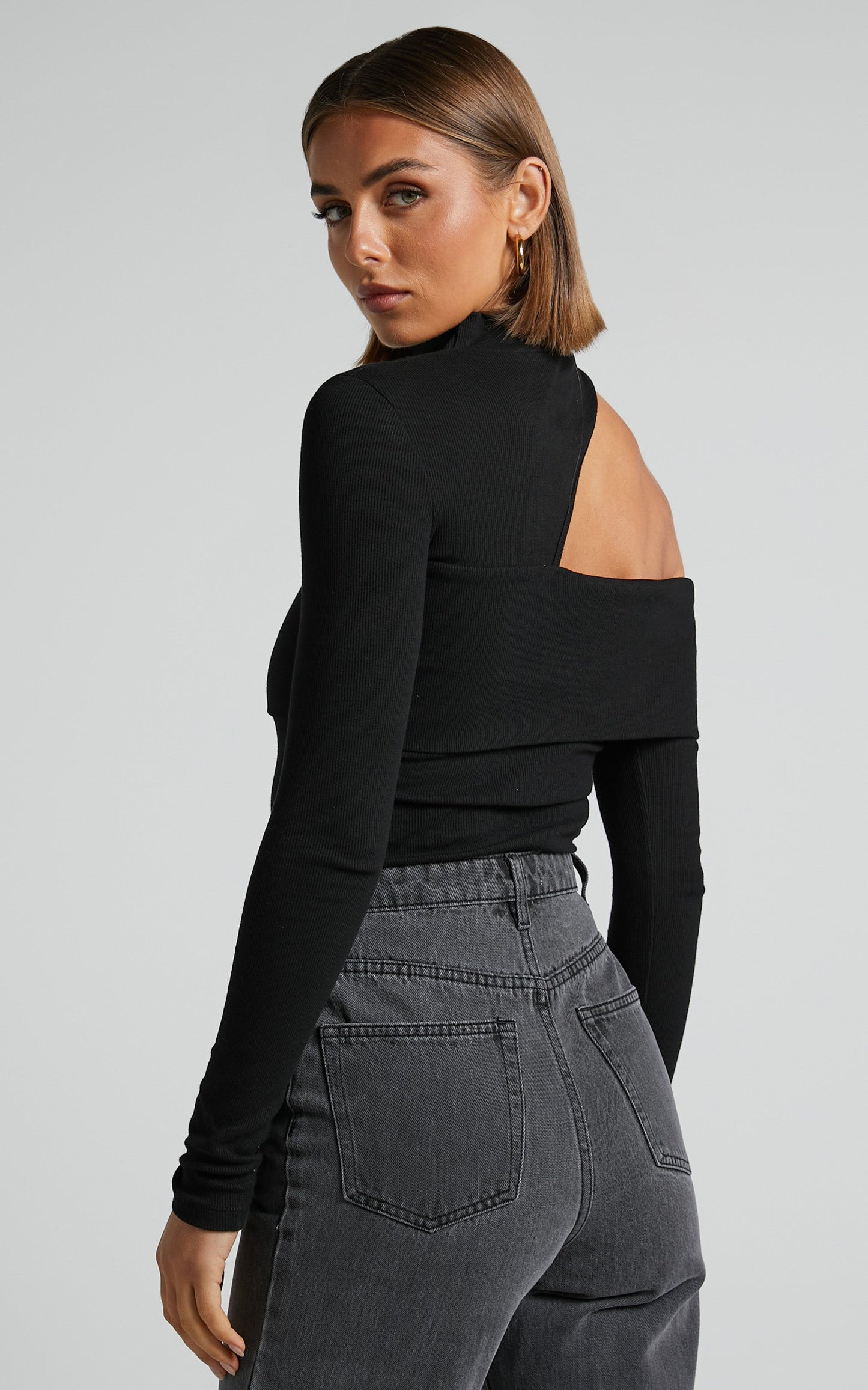Kiefer Top - Asymmetric Long Sleeve Cutout Top in Black