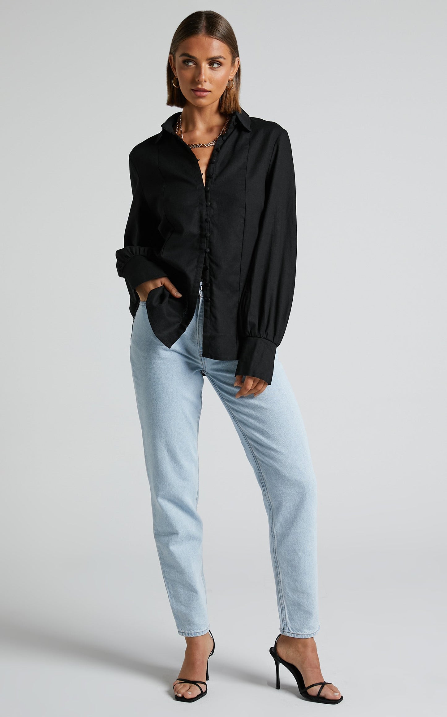 Kiva Blouse - Linen Long Sleeve Button Up Blouse in Black