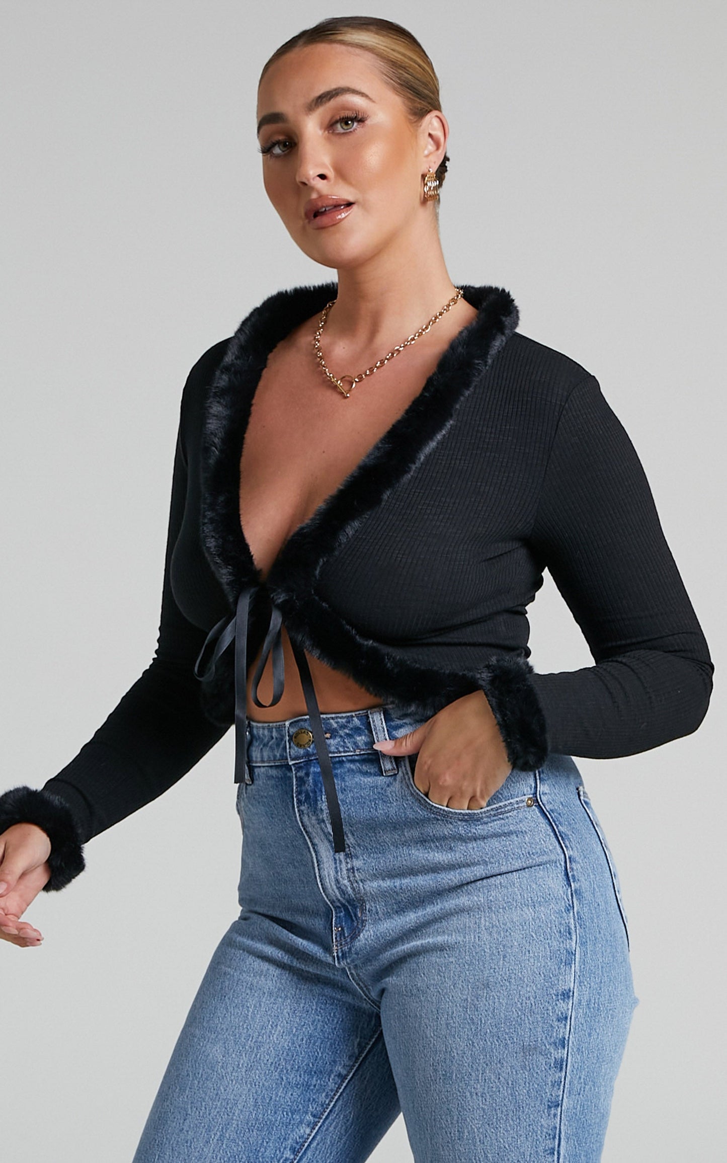 Madame Faux Fur Trim Tie Front Cardigan in Black