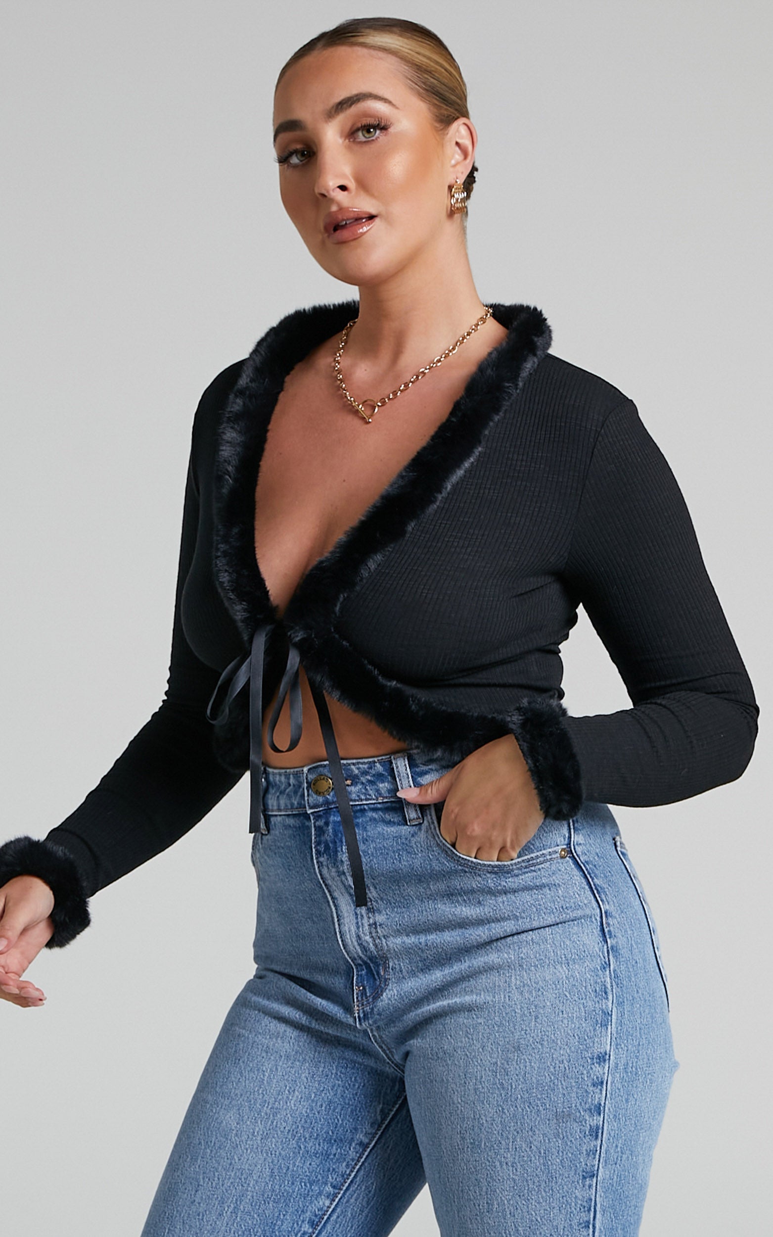 Madame Faux Fur Trim Tie Front Cardigan in Black