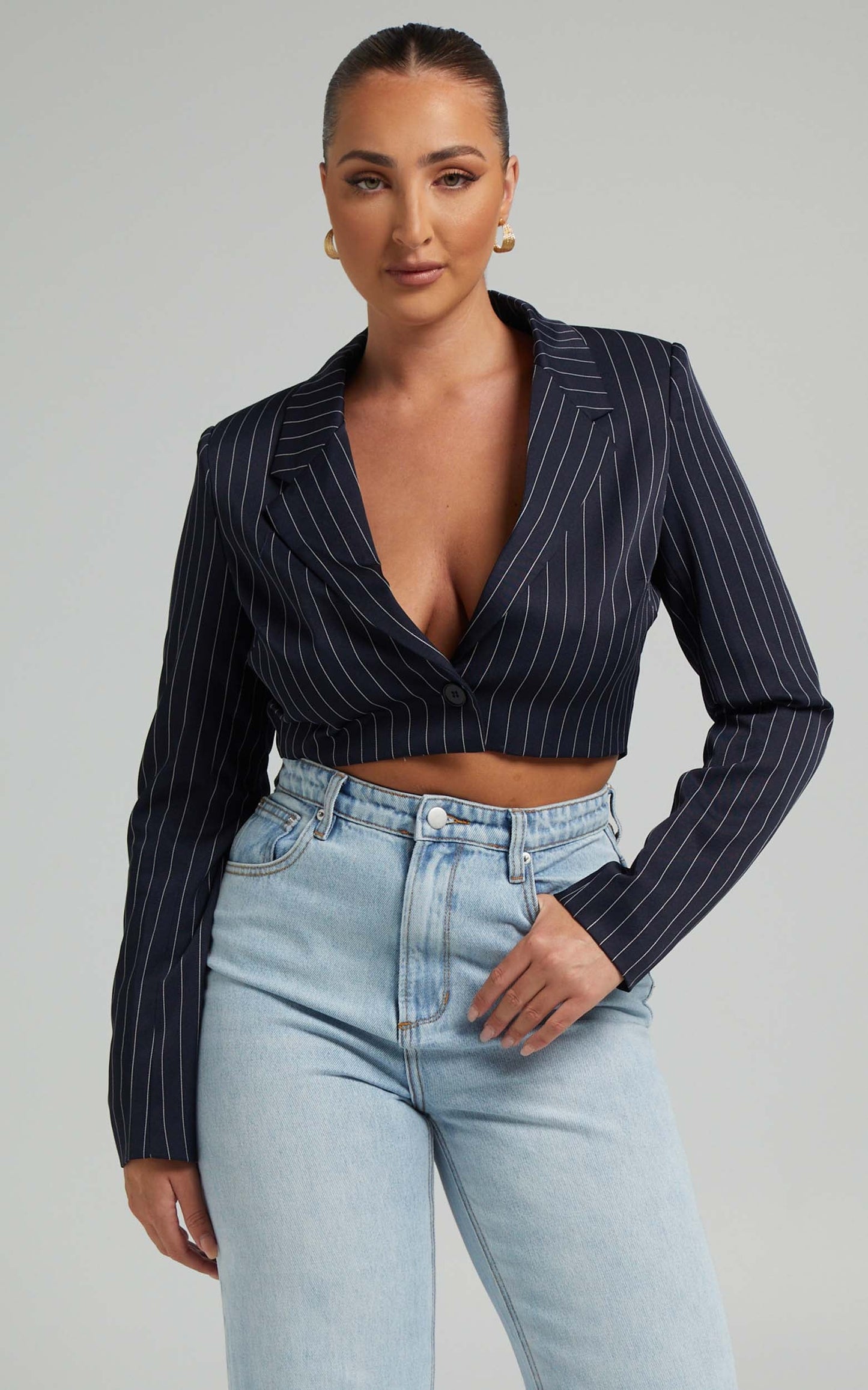 Slone Button UP Blazer in Navy Pinstripe