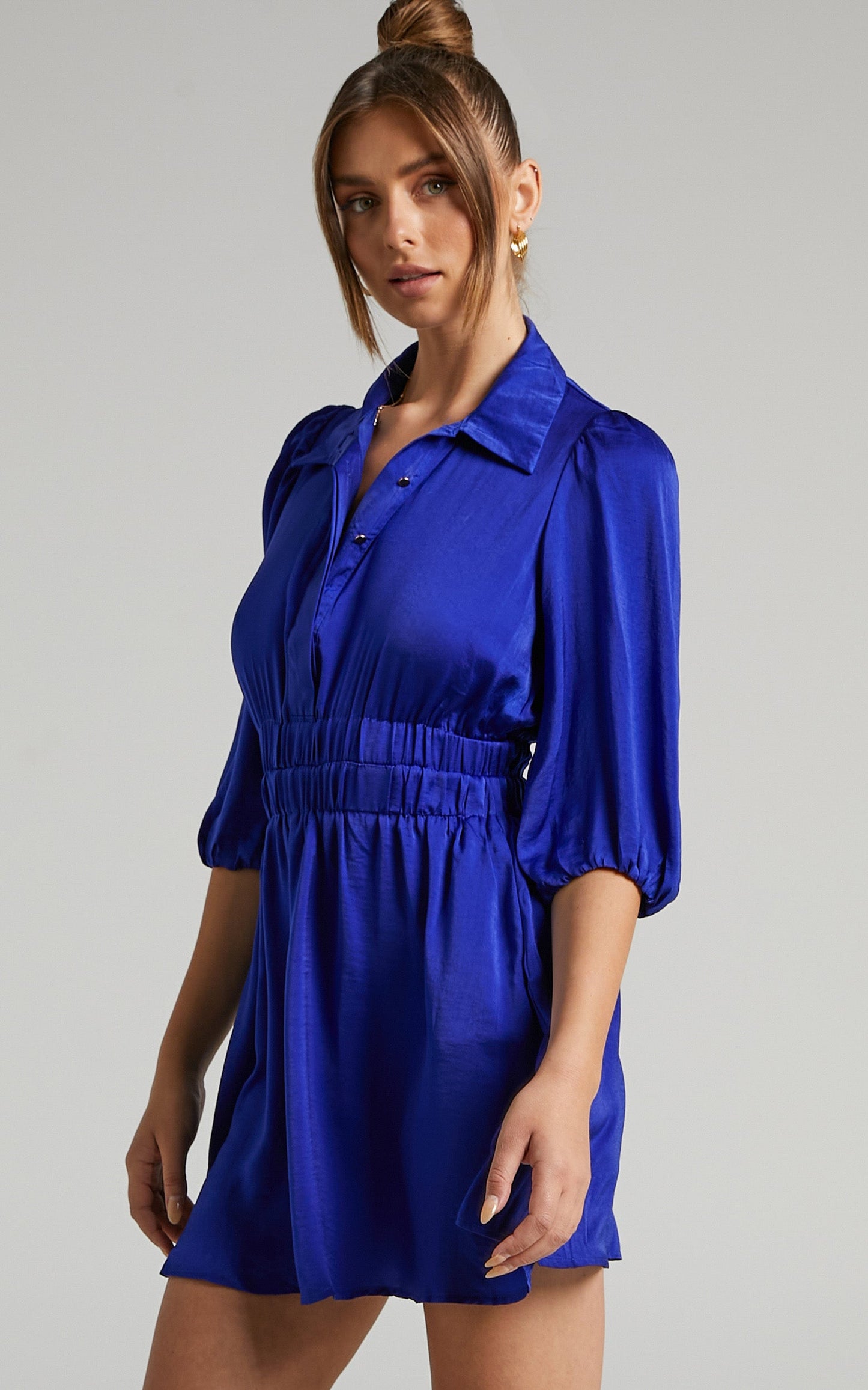 Raicy Mini Dress - Collared Shirred Waist Dress in Blue