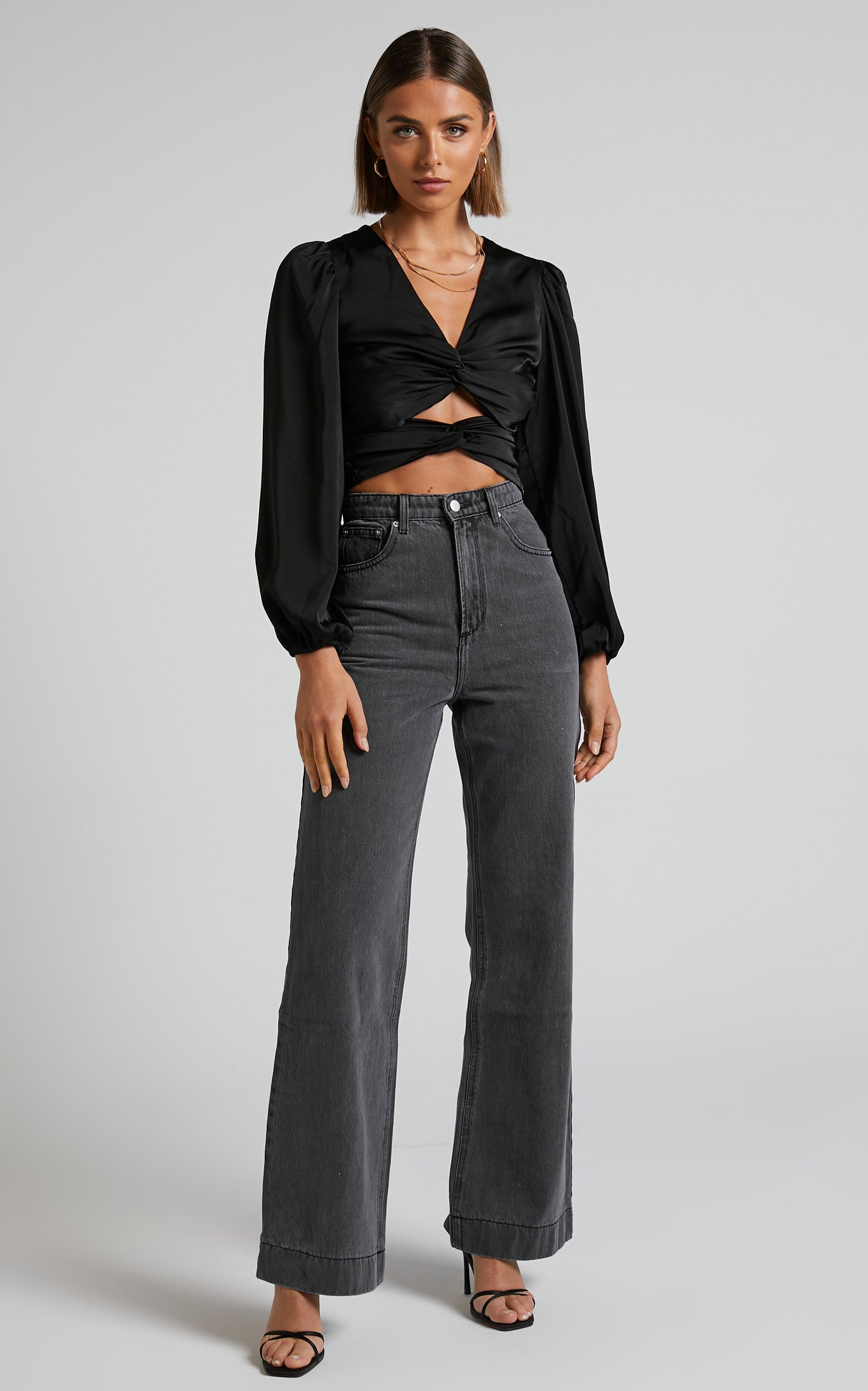 Ransley Top - Cut Out Twist Front Long Sleeve Blouse in Black