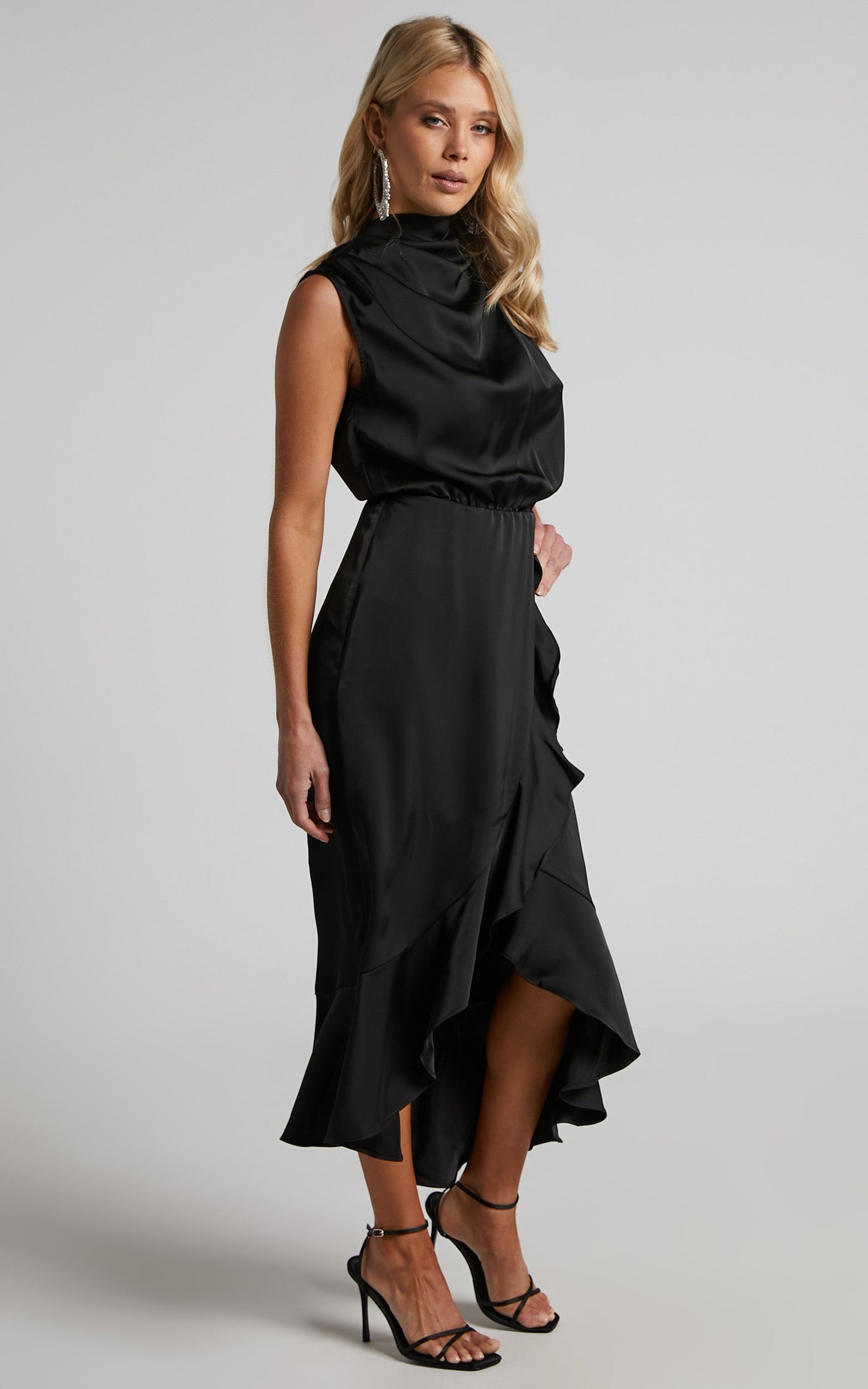 Billie Midi Dress - High Neck Drape Frill Hem Dress in Black