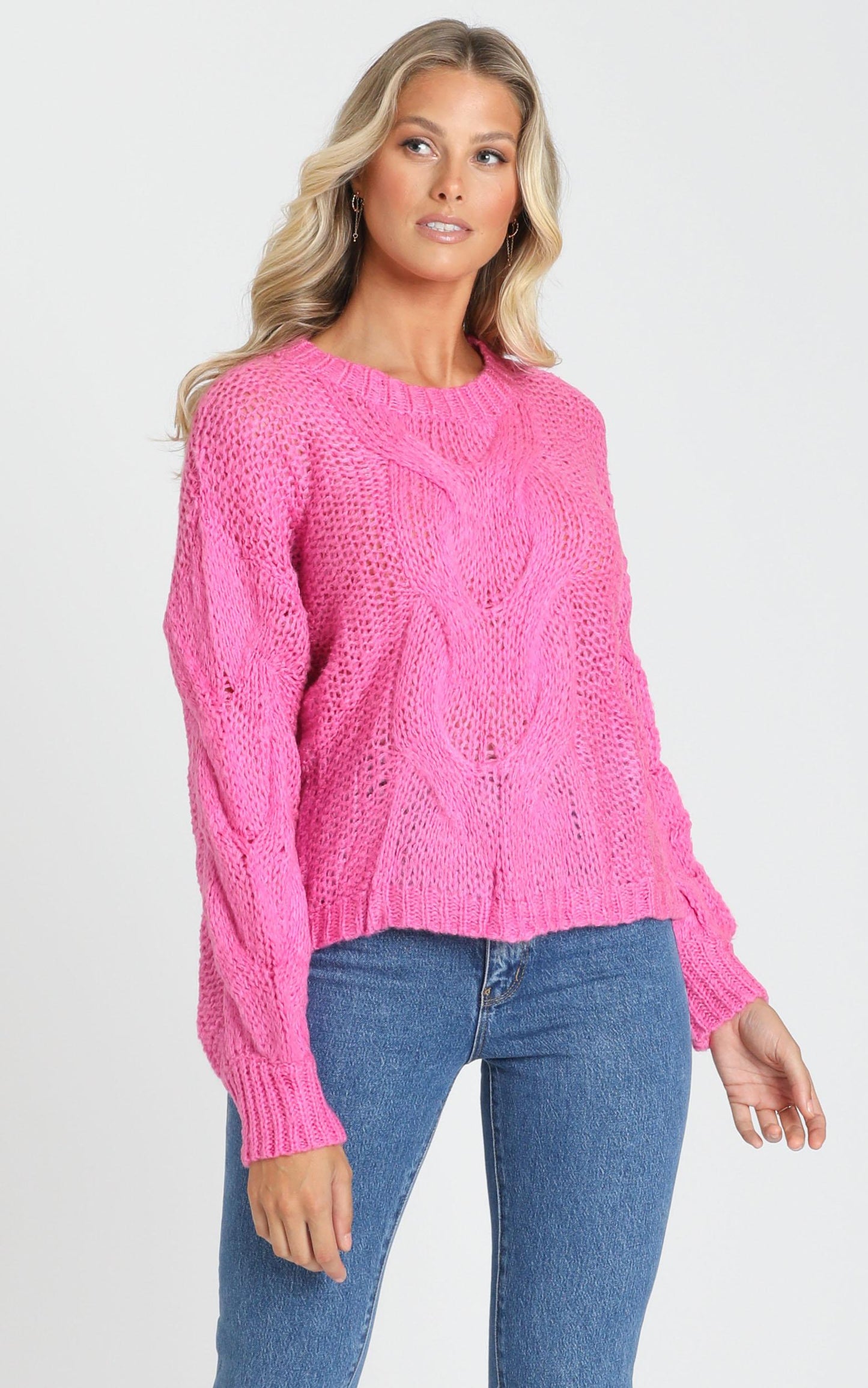 Jules Cable Knit Jumper in Hot Pink