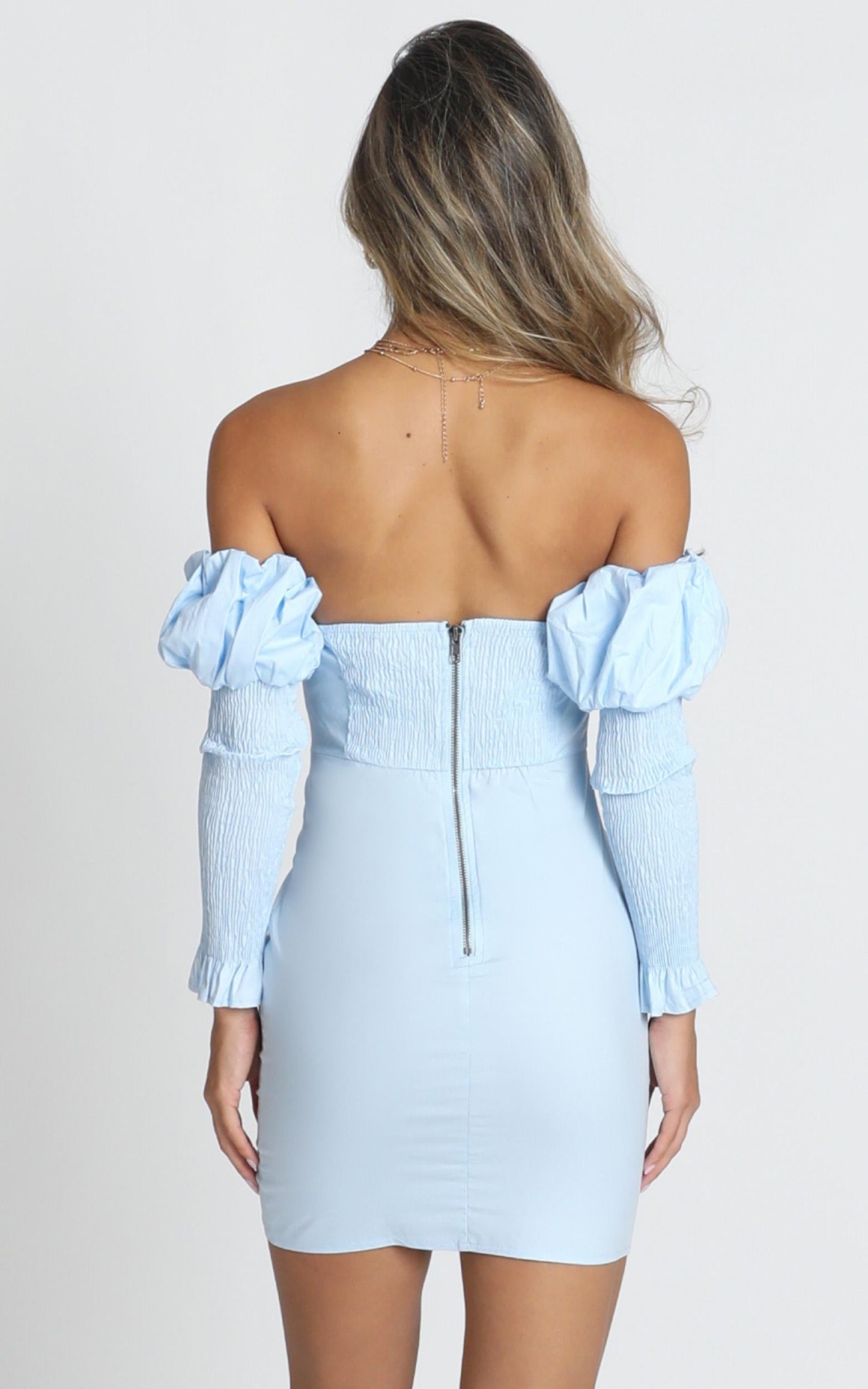 Angie Shirred Sleeve Mini Dress In Blue