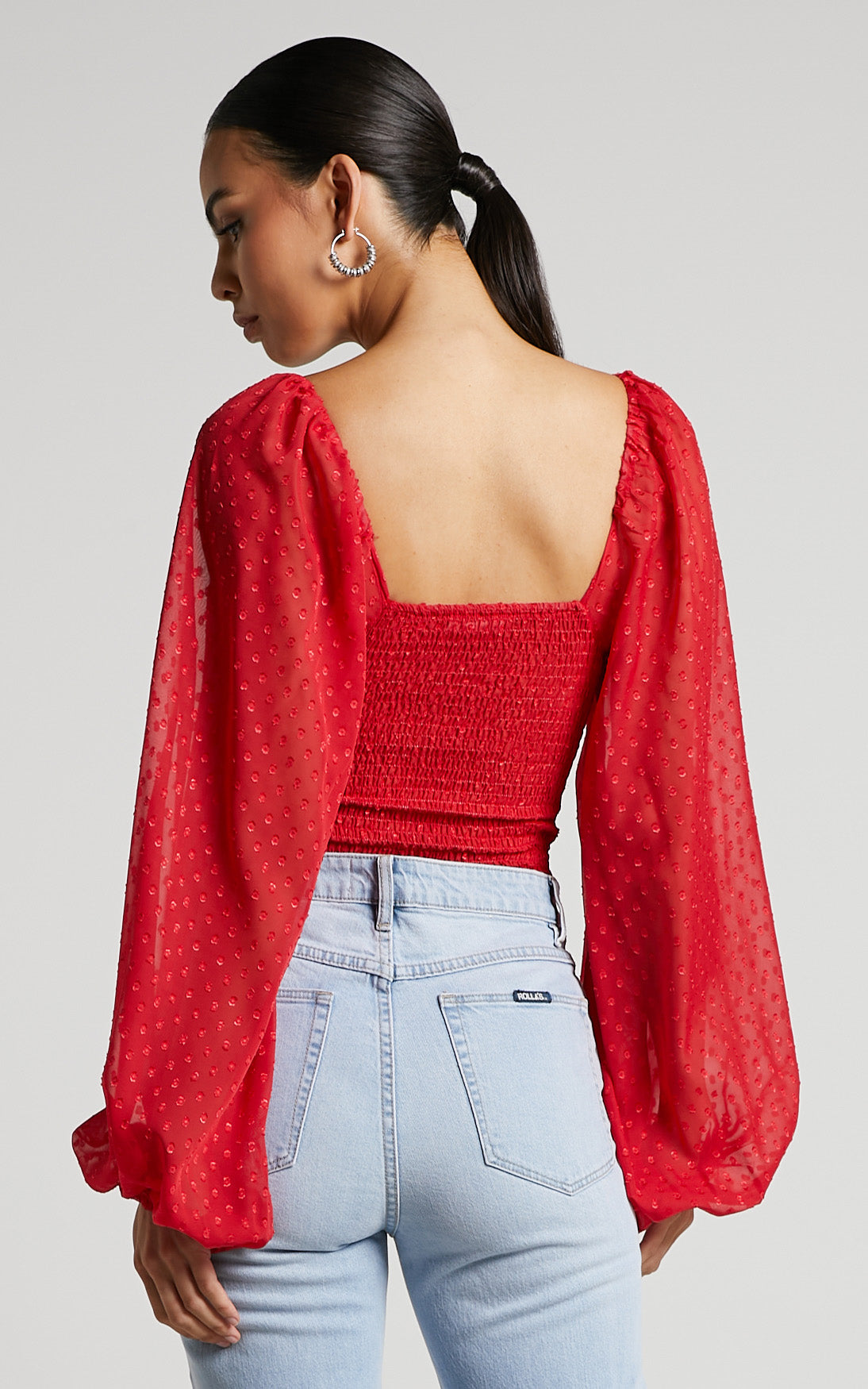 Conny Bodysuit - Spotted Balloon Sleeve Sweetheart Bodysuit in Red