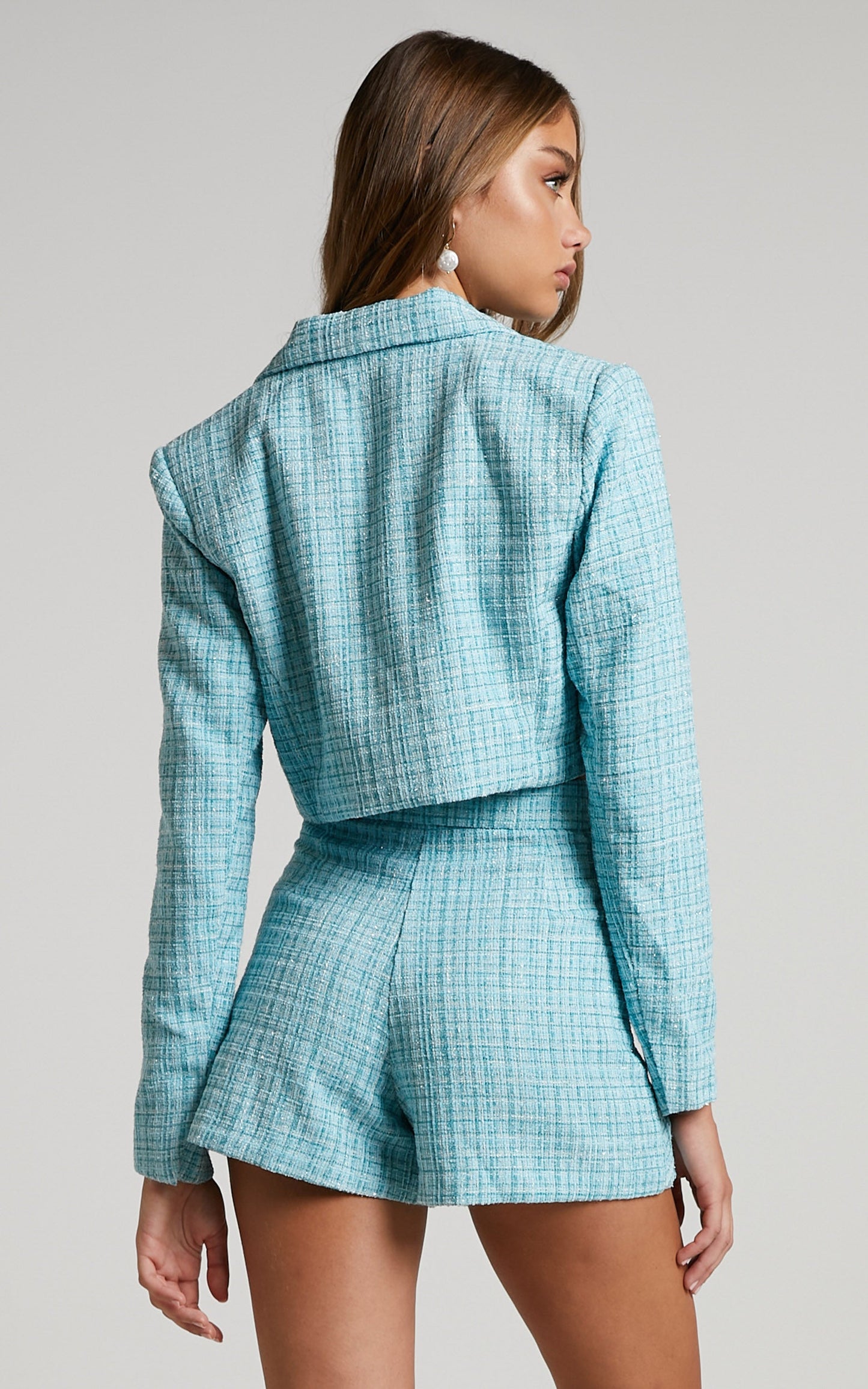 Sheba Two Piece Set - Tweed Cropped Blazer and Mini Skort in Blue