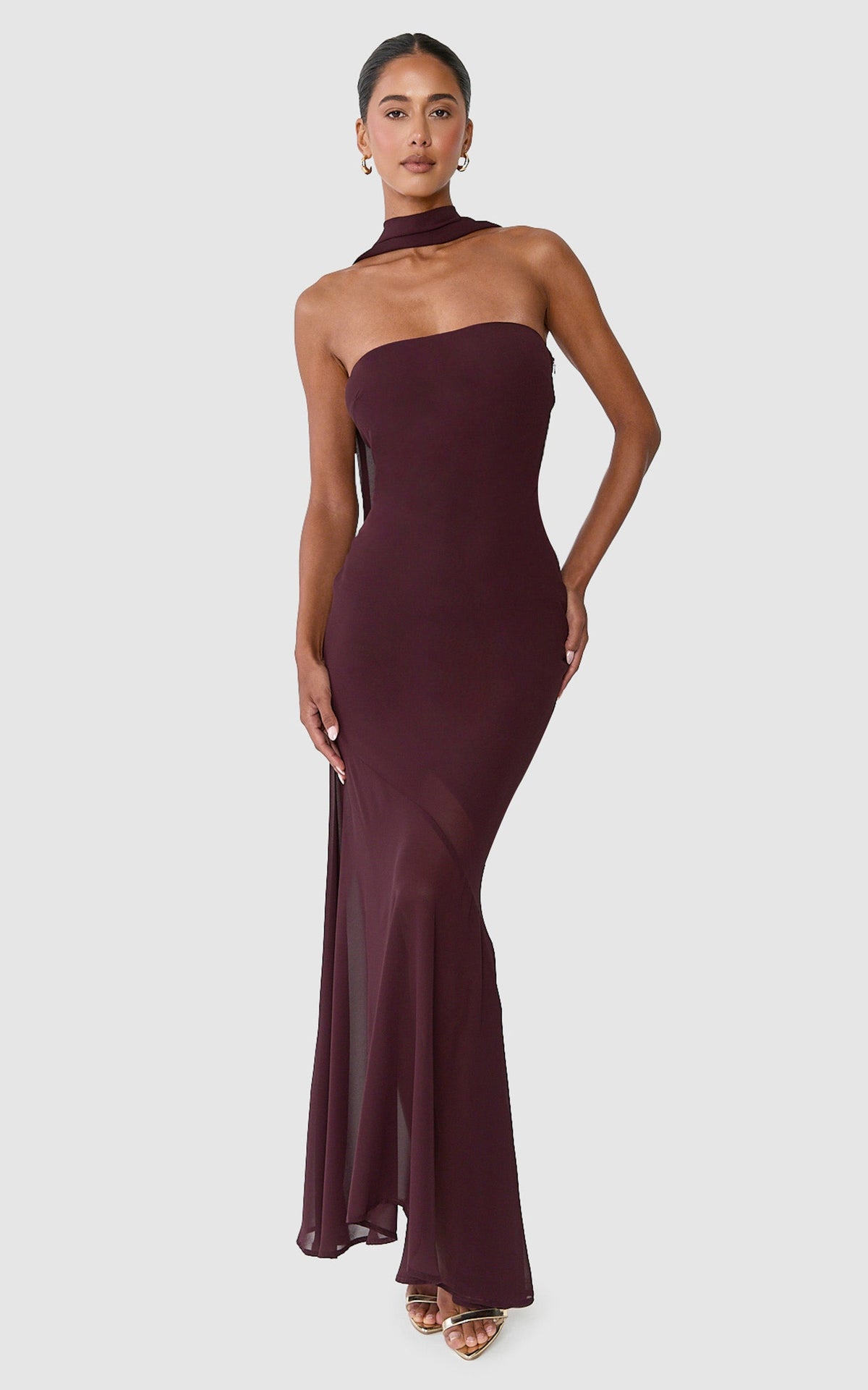 Angie Maxi Dress - Strapless Bias Column Dress with Scarf in Chocolate