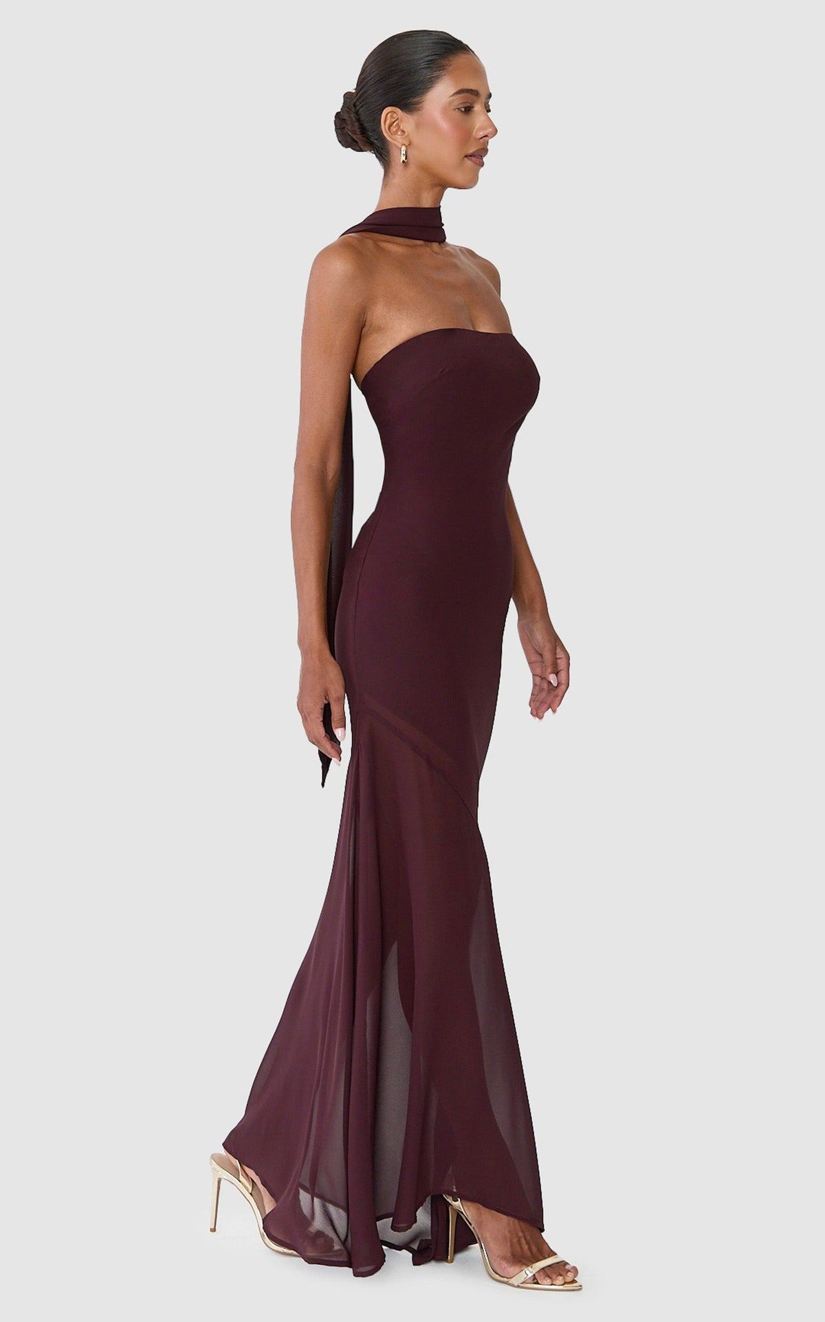 Angie Maxi Dress - Strapless Bias Column Dress with Scarf in Chocolate