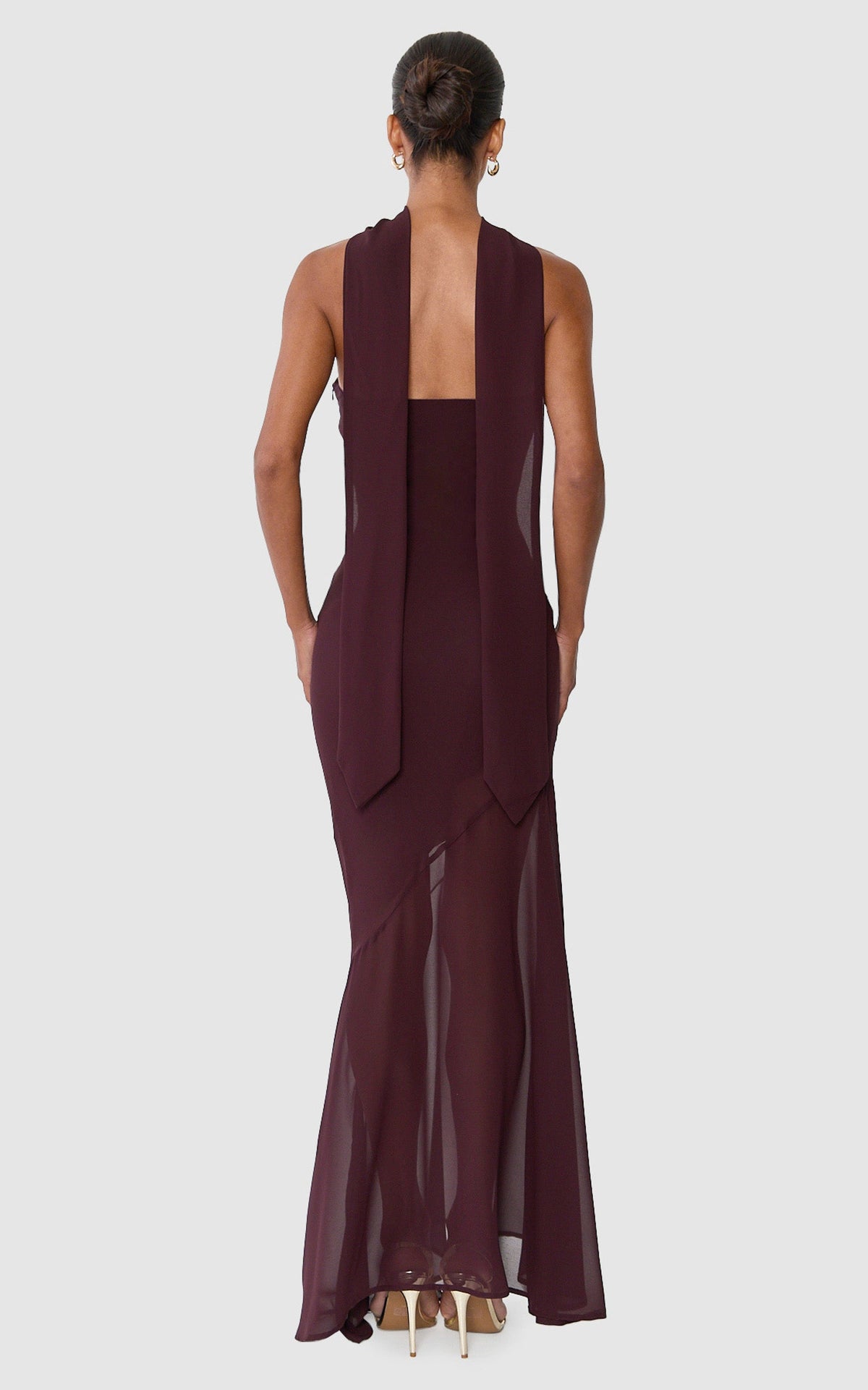 Angie Maxi Dress - Strapless Bias Column Dress with Scarf in Chocolate