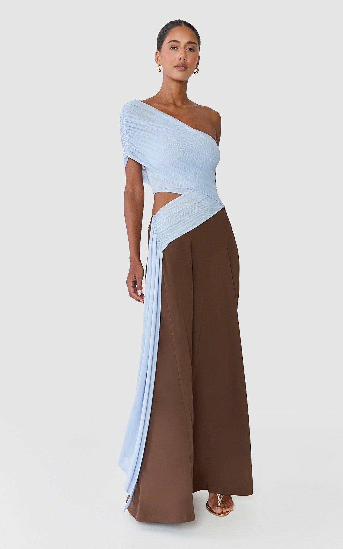 Arielle Maxi Dress - One Shoulder Sash Detail Cut Out Colour Block Dress in Blue/Chocolate Contrast
