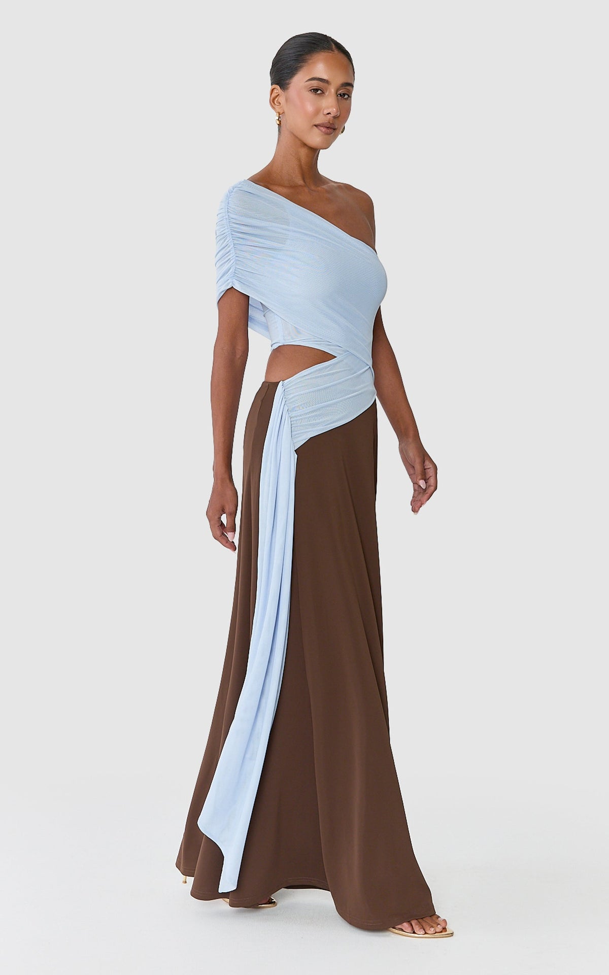 Arielle Maxi Dress - One Shoulder Sash Detail Cut Out Colour Block Dress in Blue/Chocolate Contrast