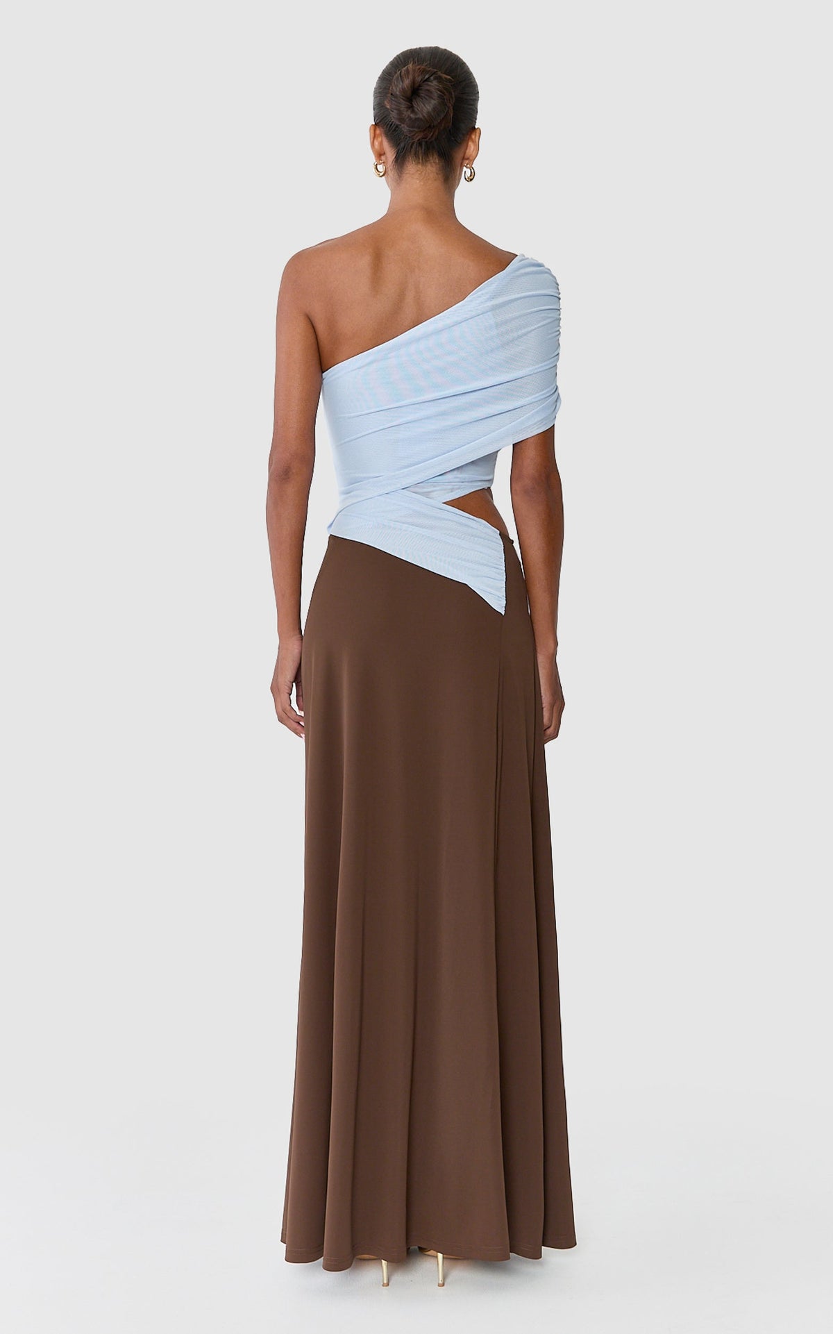 Arielle Maxi Dress - One Shoulder Sash Detail Cut Out Colour Block Dress in Blue/Chocolate Contrast