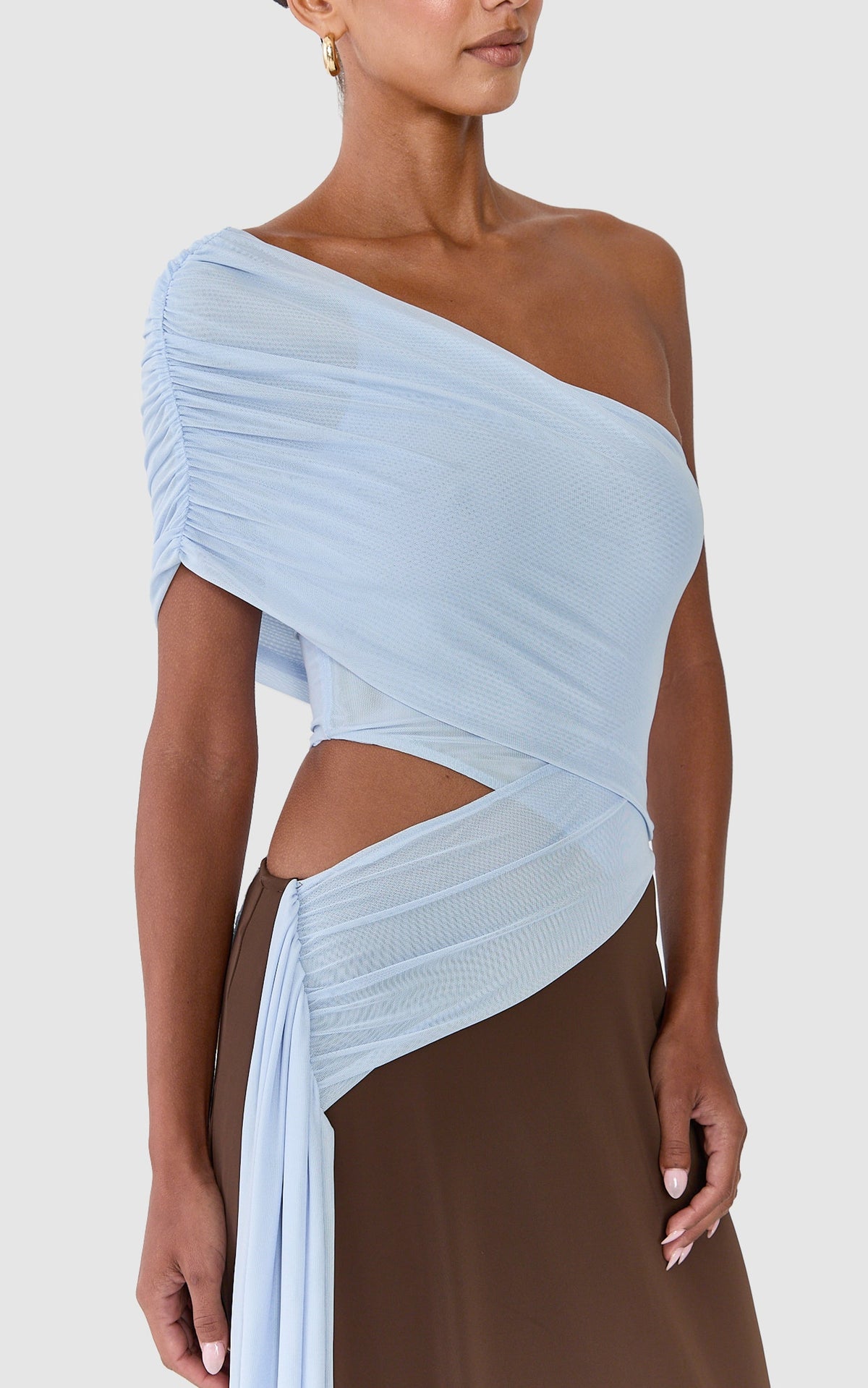 Arielle Maxi Dress - One Shoulder Sash Detail Cut Out Colour Block Dress in Blue/Chocolate Contrast