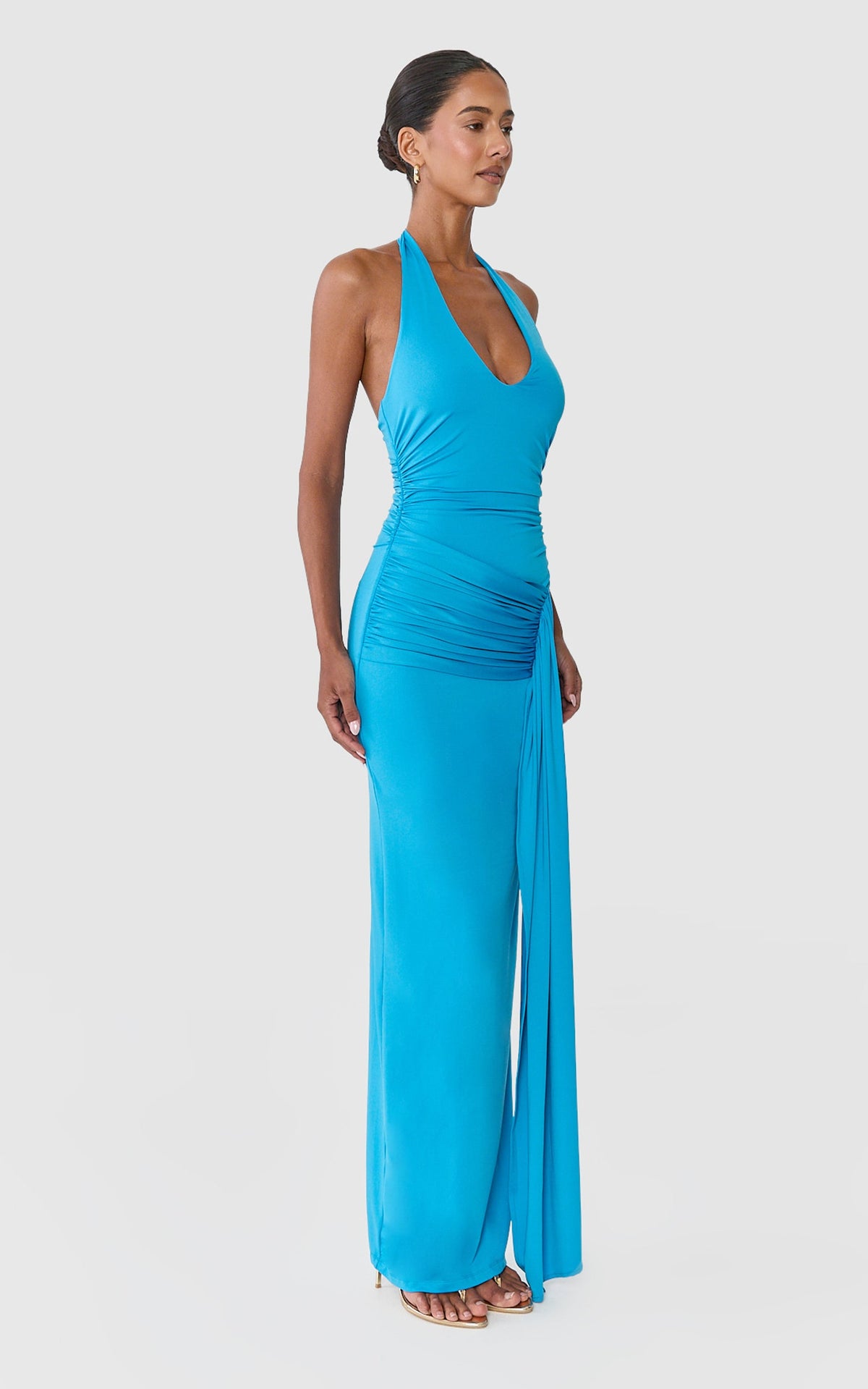 Dixie Maxi Dress - Plunge Halter Low Back Dress in Azure Blue