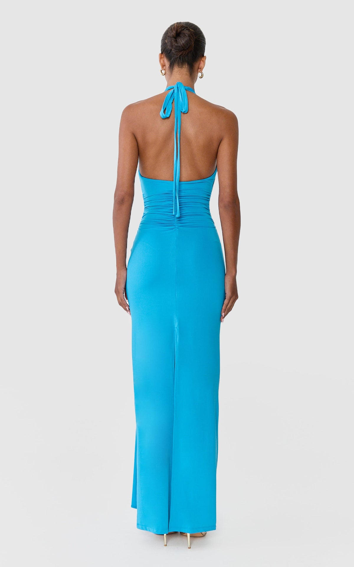 Dixie Maxi Dress - Plunge Halter Low Back Dress in Azure Blue