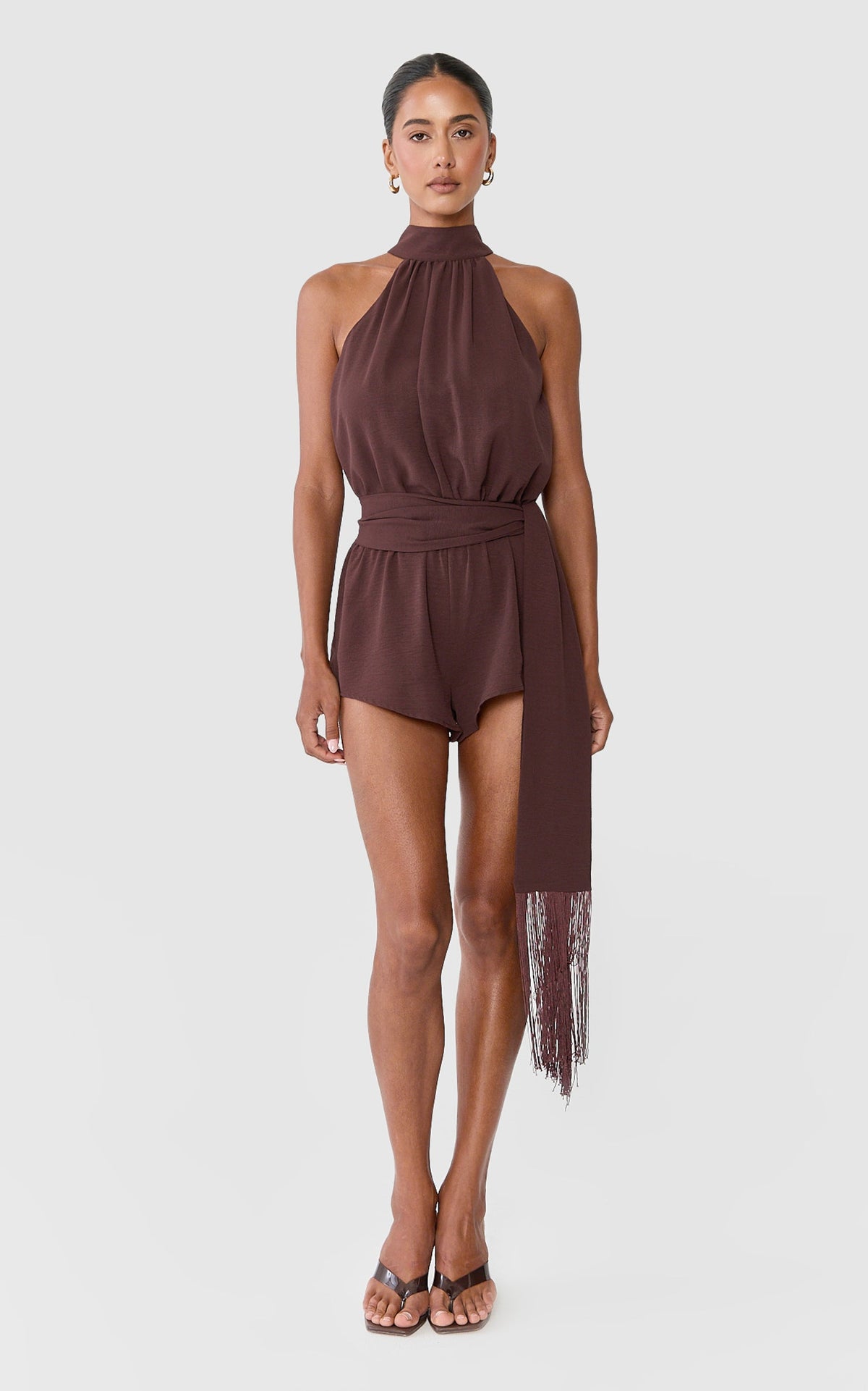 Etta Playsuit - High Halter Neck Tie Playsuit With Fringe Trim Belt in Chocolate