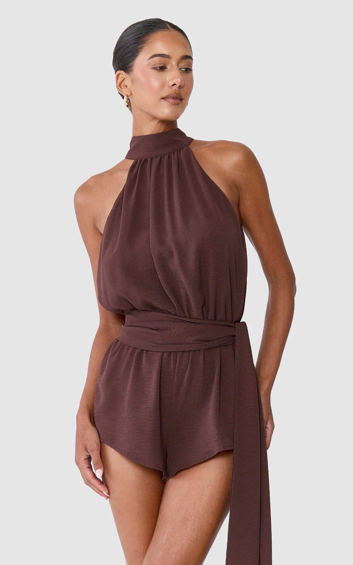Etta Playsuit - High Halter Neck Tie Playsuit With Fringe Trim Belt in Chocolate