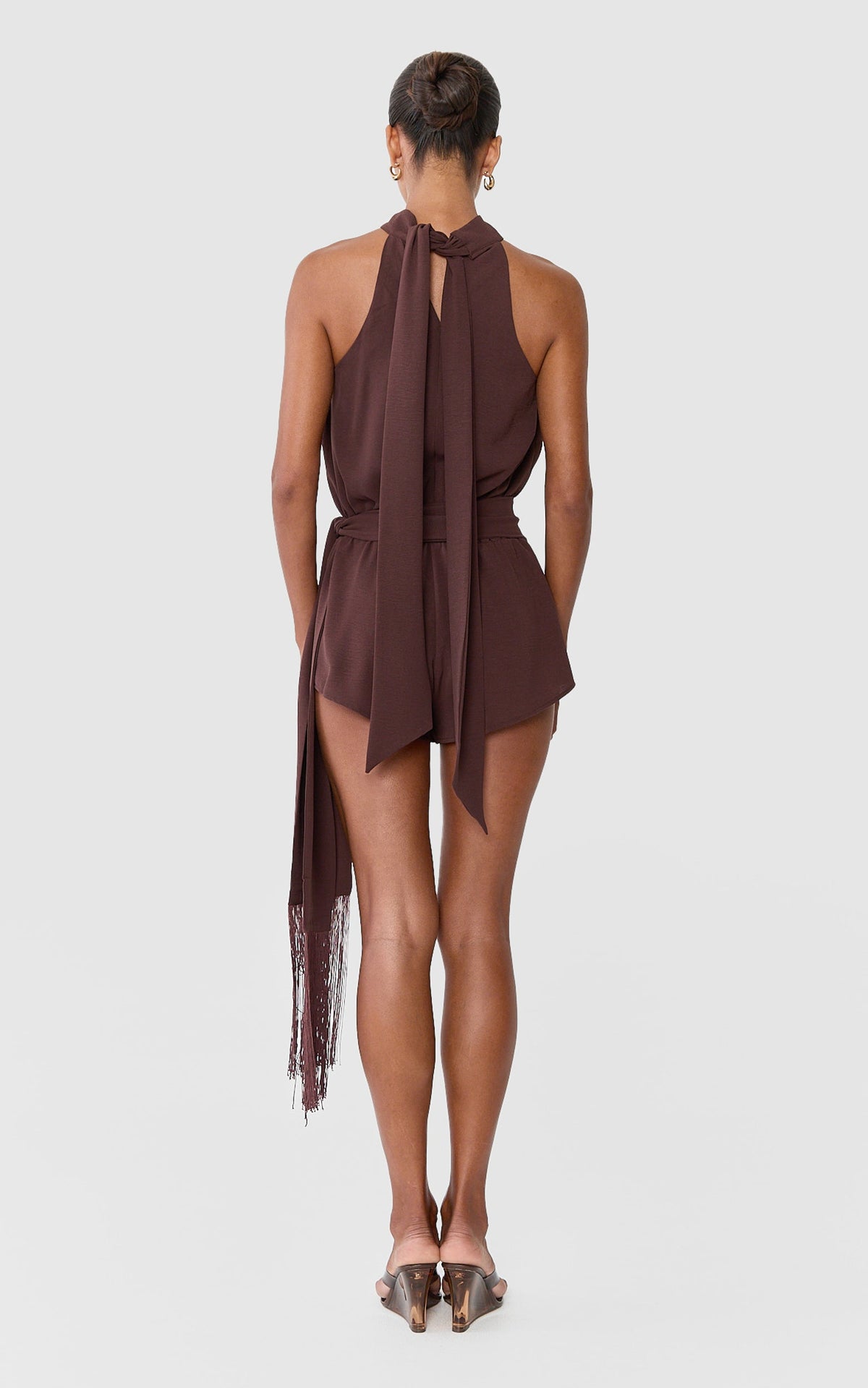 Etta Playsuit - High Halter Neck Tie Playsuit With Fringe Trim Belt in Chocolate