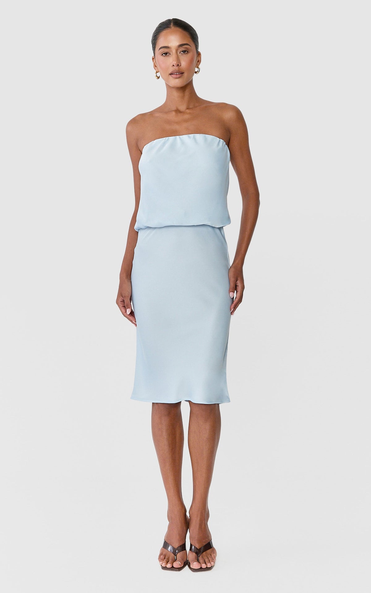 Floriane Midi Dress - Strapless Drop Waist Dress in Light Blue
