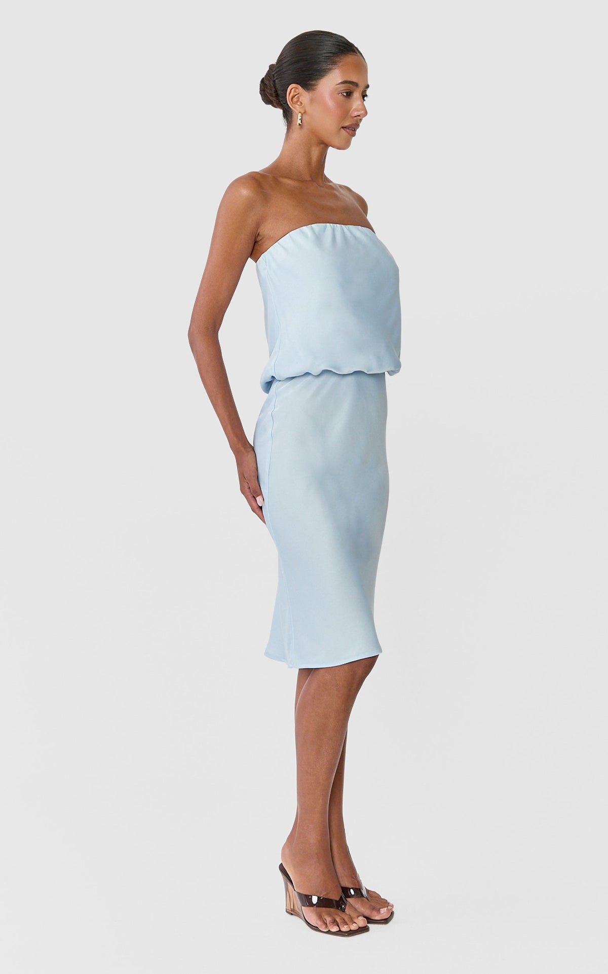 Floriane Midi Dress - Strapless Drop Waist Dress in Light Blue