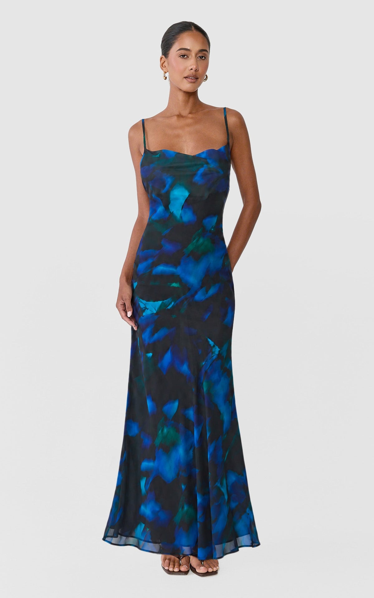 Iris Maxi Dress - Cowl Neck Low Back Slip Dress in Blue Hyper Tropical Print