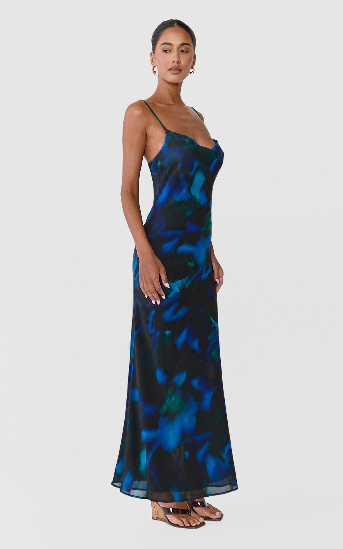 Iris Maxi Dress - Cowl Neck Low Back Slip Dress in Blue Hyper Tropical Print