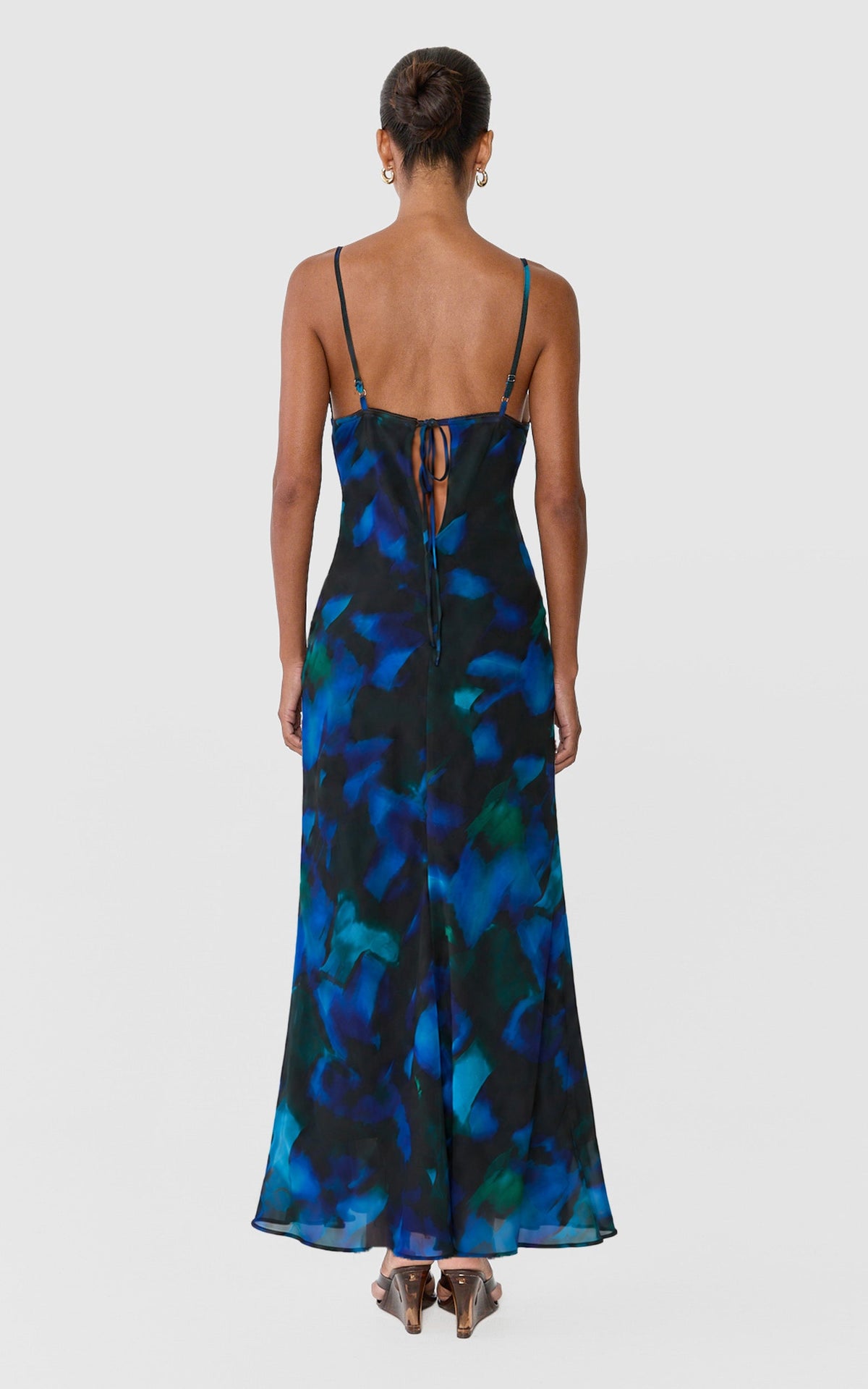 Iris Maxi Dress - Cowl Neck Low Back Slip Dress in Blue Hyper Tropical Print