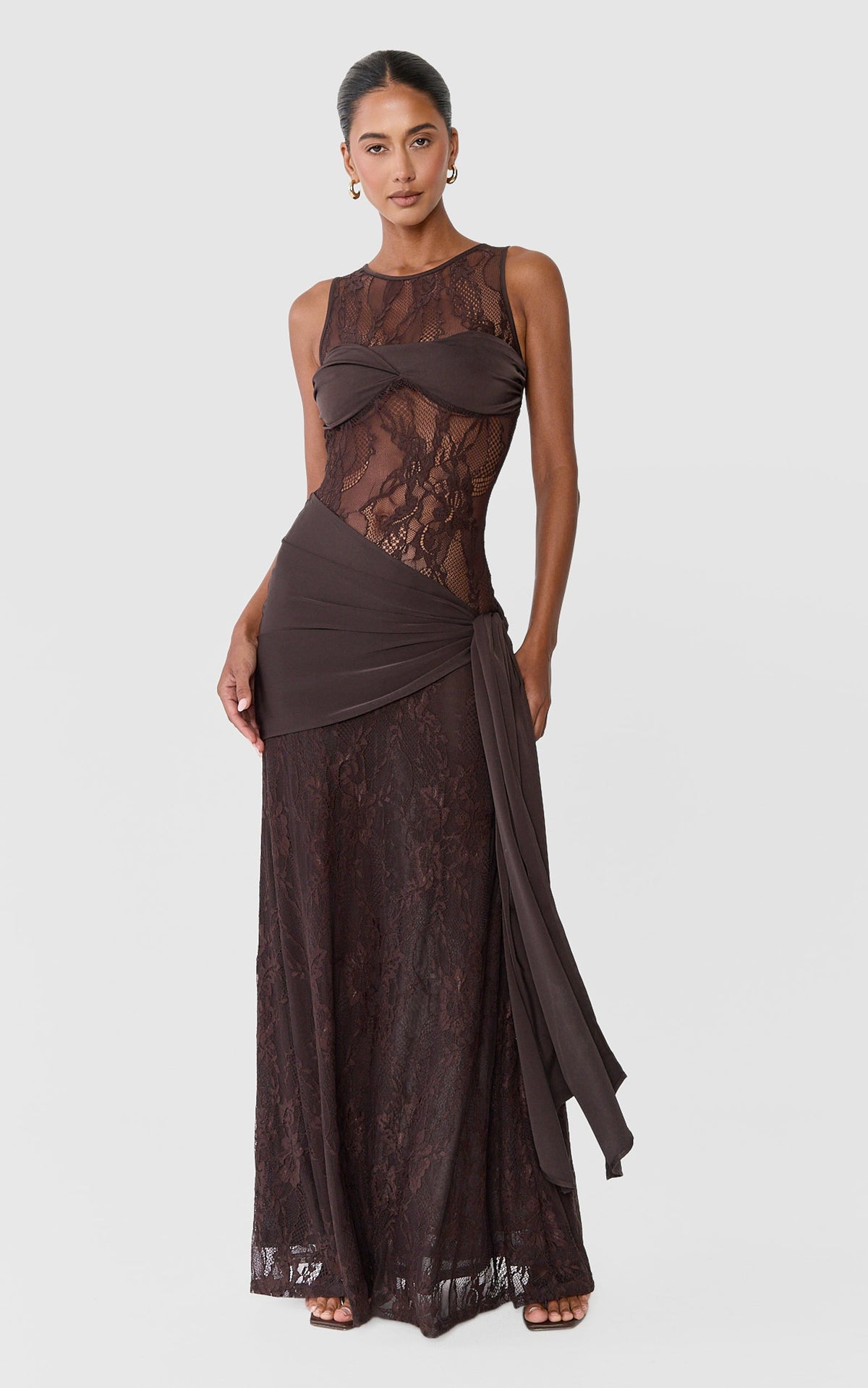 Isolde Maxi Dress - Sleeveless Lace Contrast Bust And Draped Skirt Dress in Chocolate