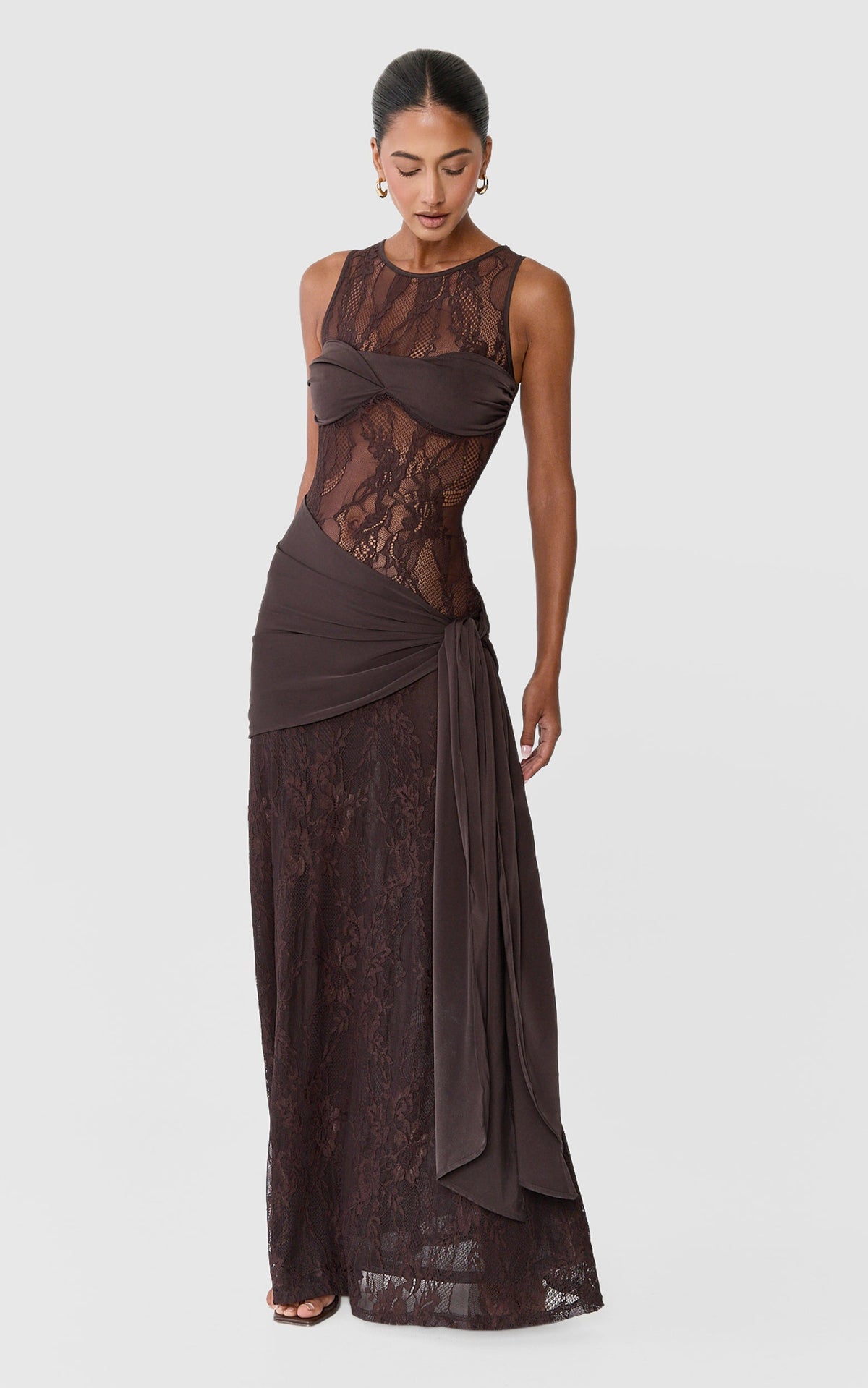 Isolde Maxi Dress - Sleeveless Lace Contrast Bust And Draped Skirt Dress in Chocolate