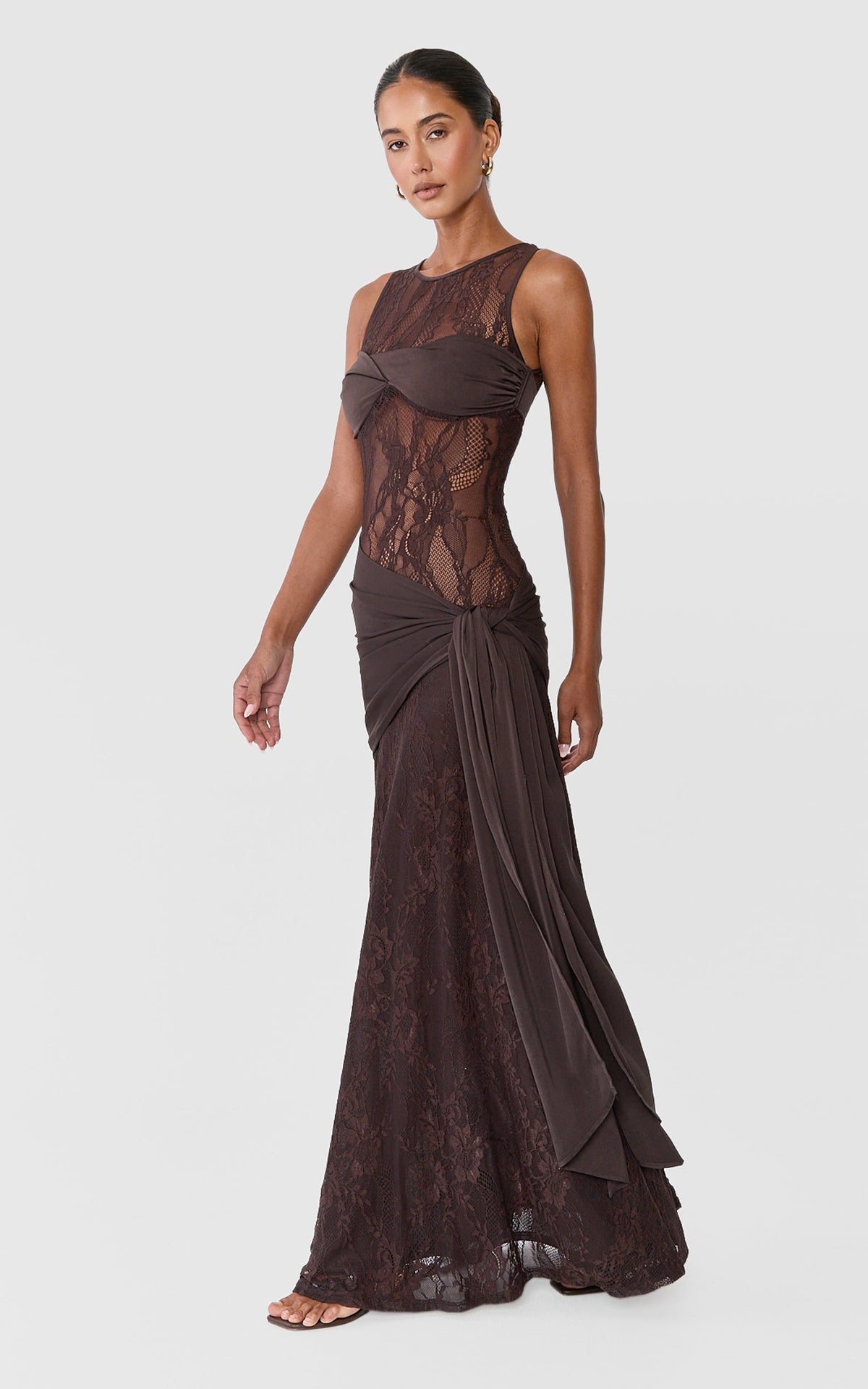 Isolde Maxi Dress - Sleeveless Lace Contrast Bust And Draped Skirt Dress in Chocolate