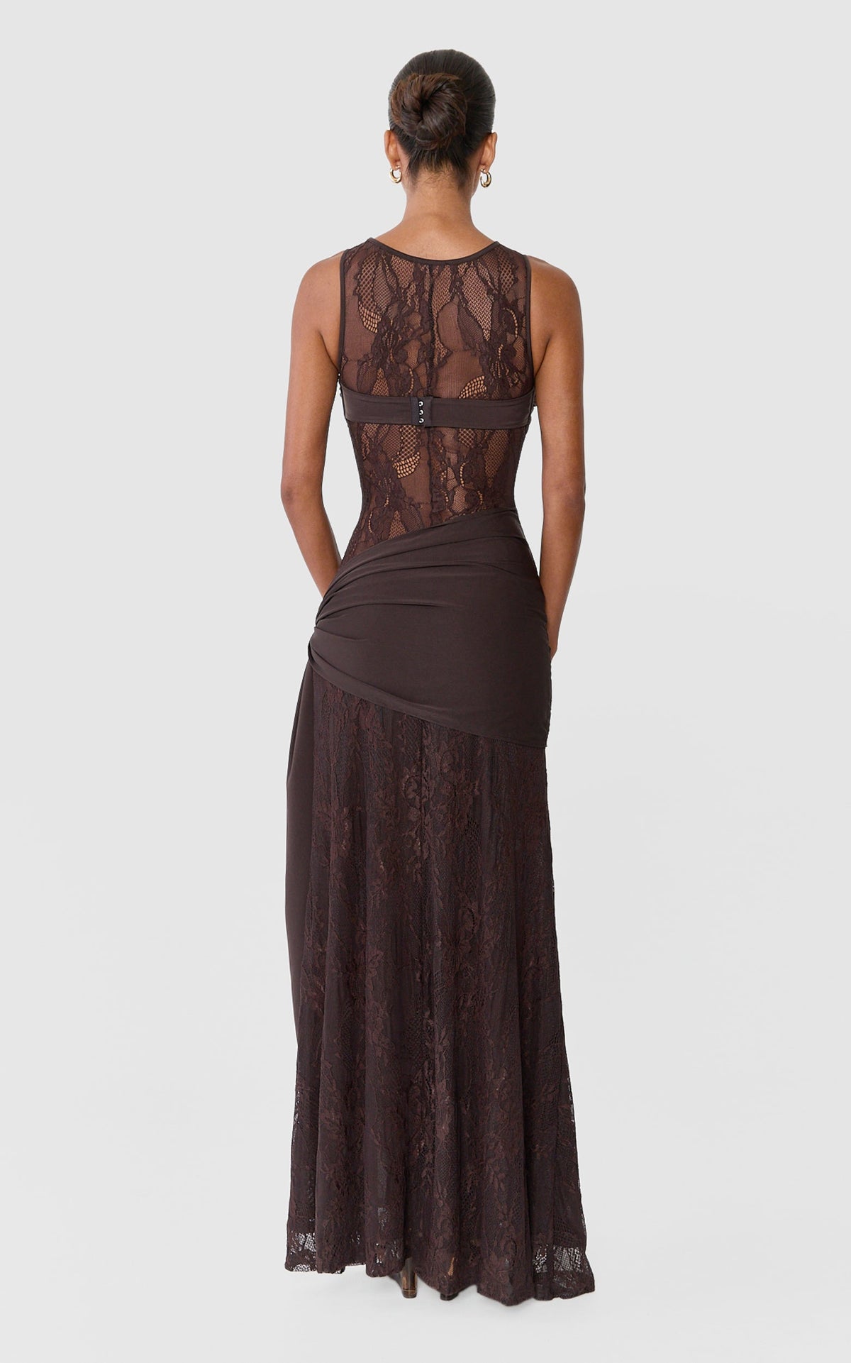 Isolde Maxi Dress - Sleeveless Lace Contrast Bust And Draped Skirt Dress in Chocolate