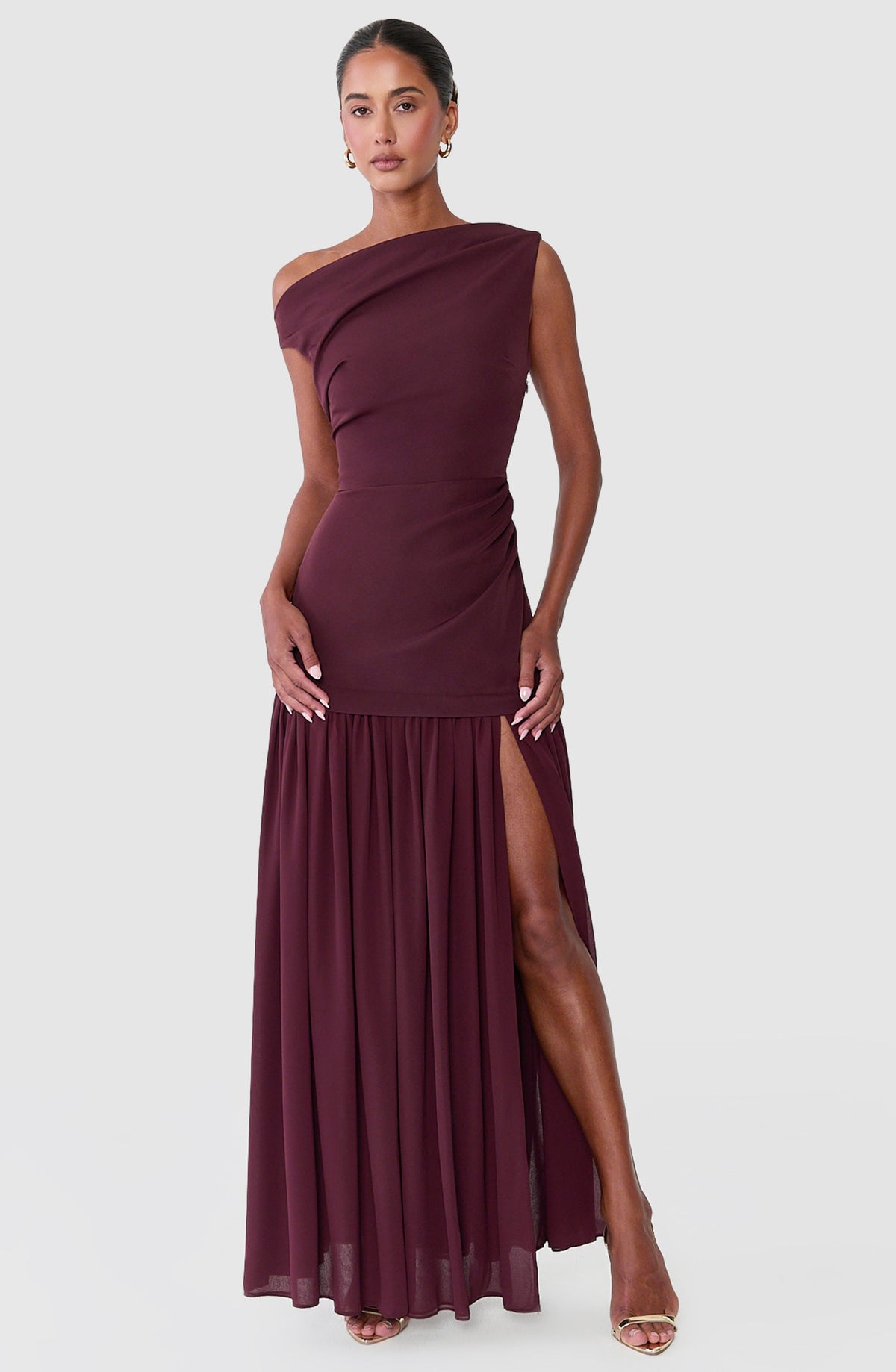 Azure Maxi Dress - Tipped Shoulder Dress With Tuck Detail and Leg Split in Plum