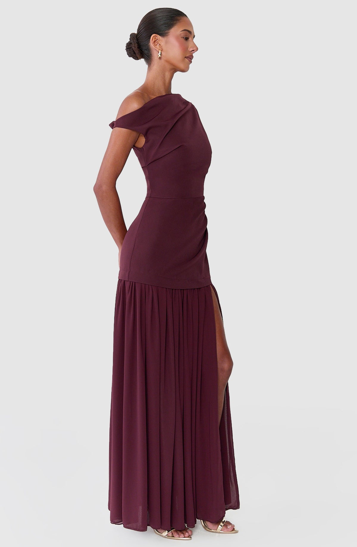 Azure Maxi Dress - Tipped Shoulder Dress With Tuck Detail and Leg Split in Plum