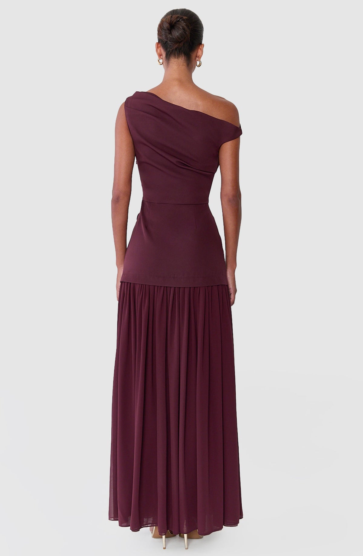 Azure Maxi Dress - Tipped Shoulder Dress With Tuck Detail and Leg Split in Plum