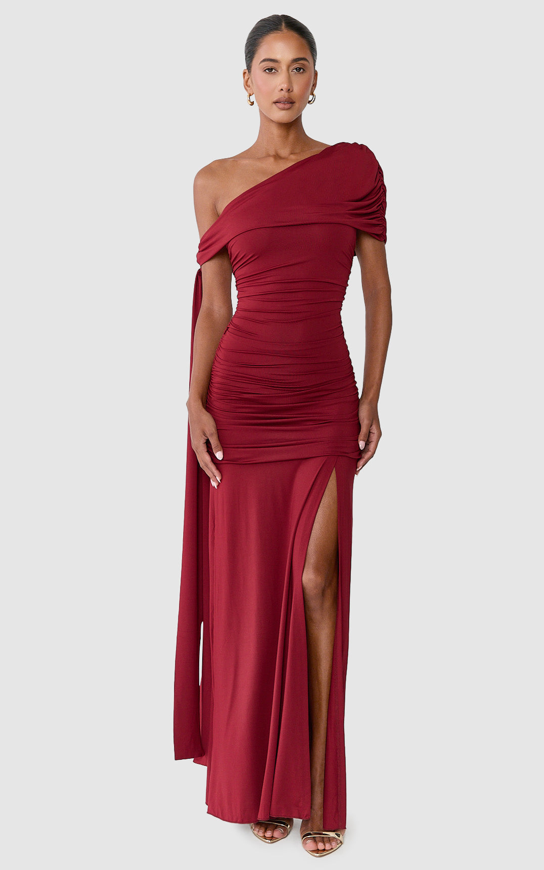 Bree Maxi Dress - Cape Tie Off Shoulder Fit And Flare Dress in Wine