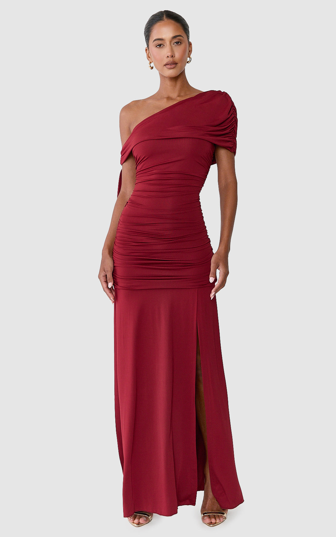 Bree Maxi Dress - Cape Tie Off Shoulder Fit And Flare Dress in Wine