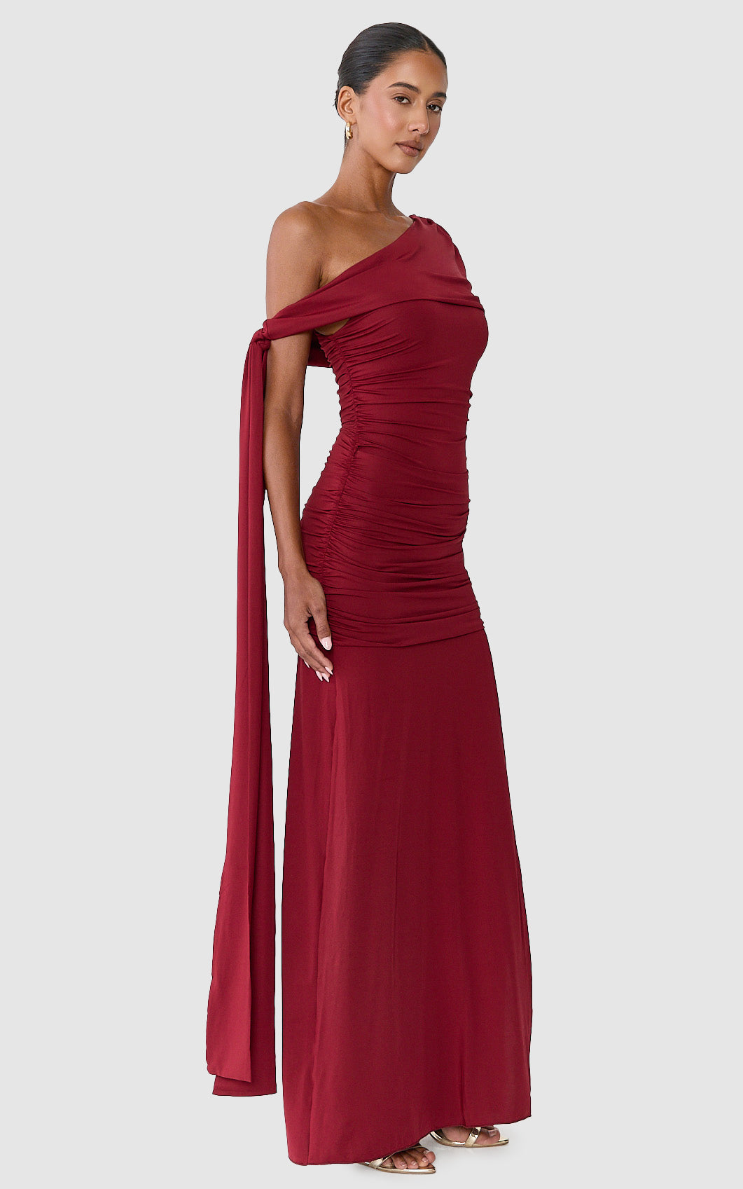 Bree Maxi Dress - Cape Tie Off Shoulder Fit And Flare Dress in Wine