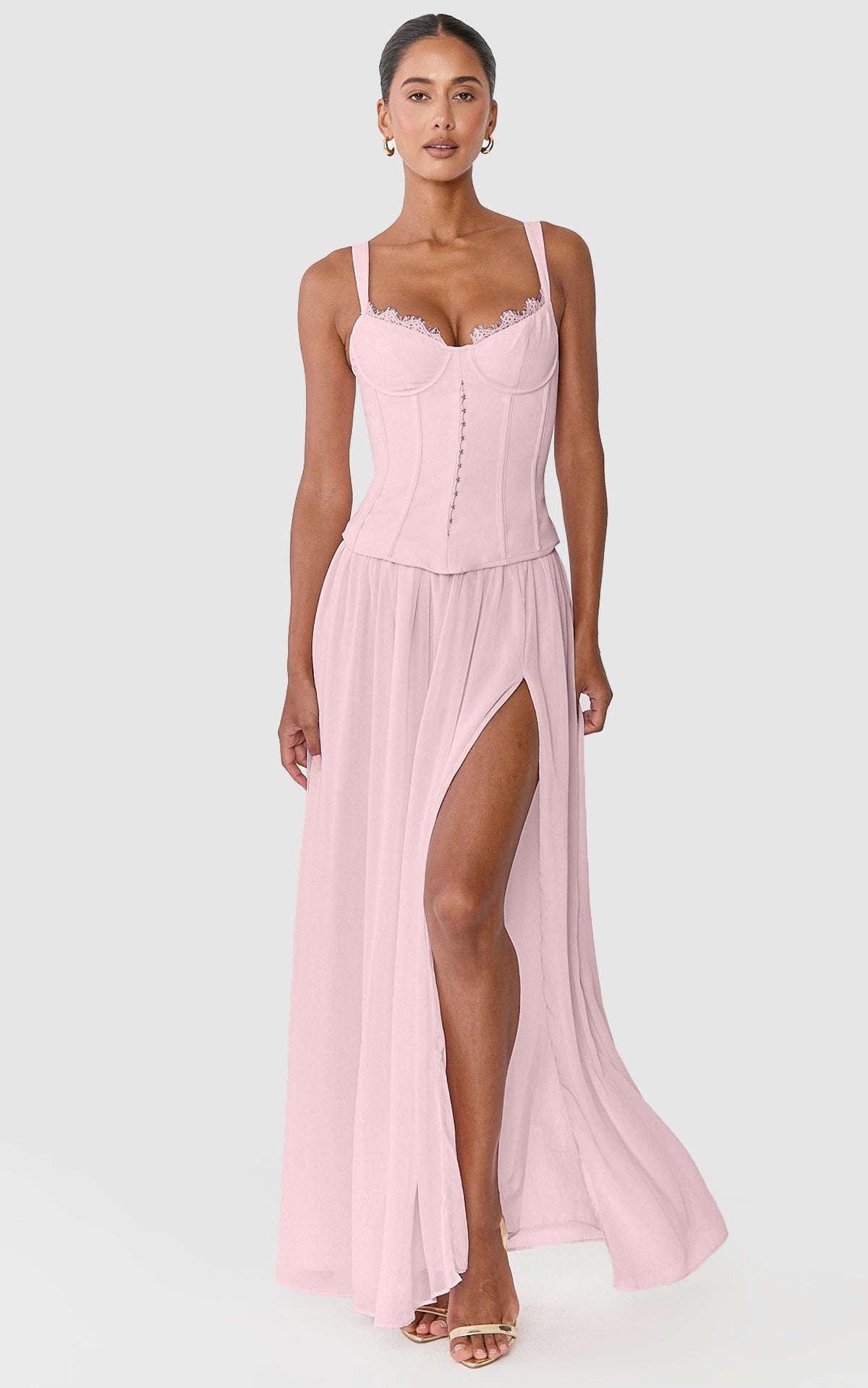 Leah Maxi Dress - Drop Waist Bustier Maxi Dres With Lace Bust Detail And Chiffon Skirt in Pink