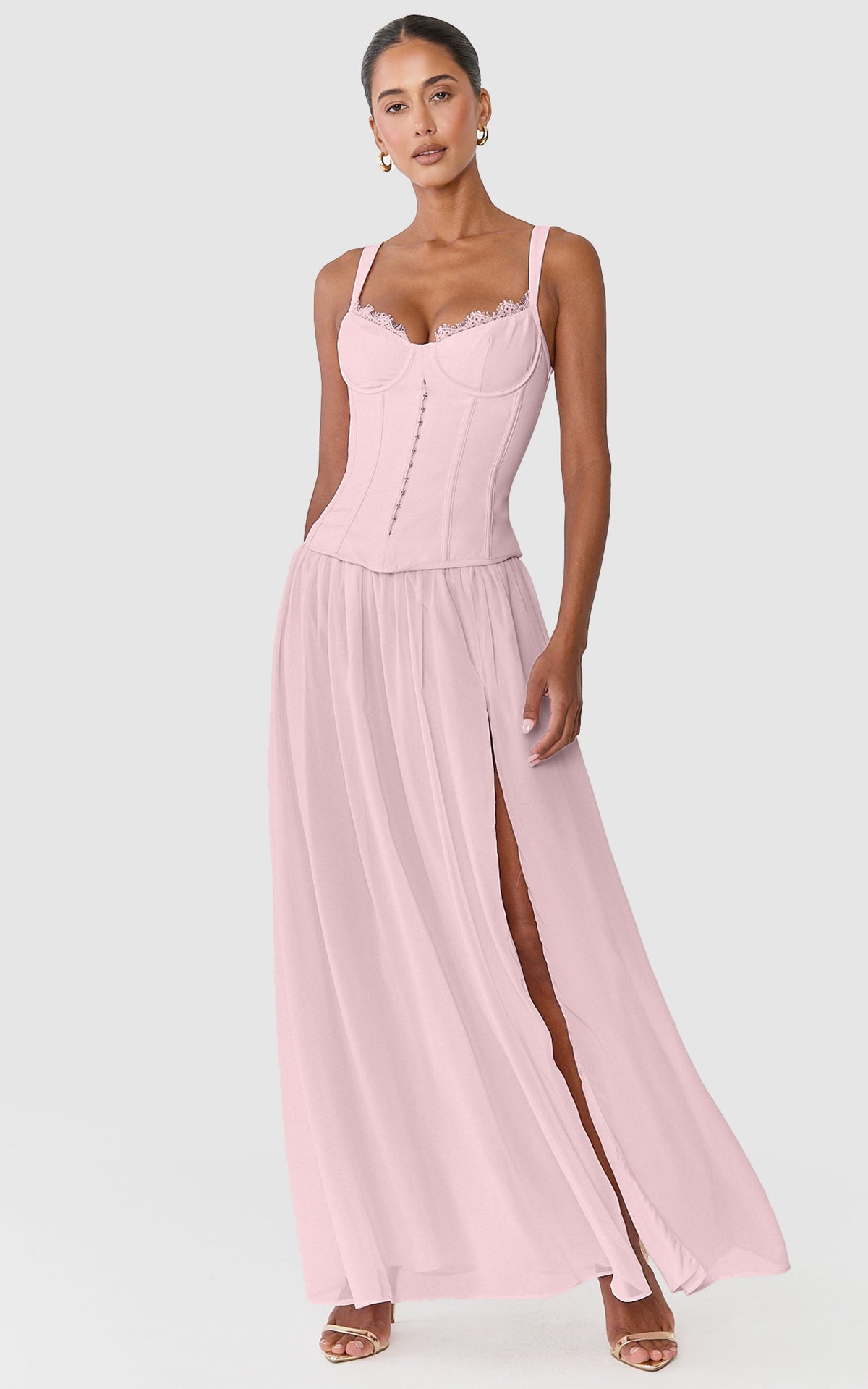Leah Maxi Dress - Drop Waist Bustier Maxi Dres With Lace Bust Detail And Chiffon Skirt in Pink