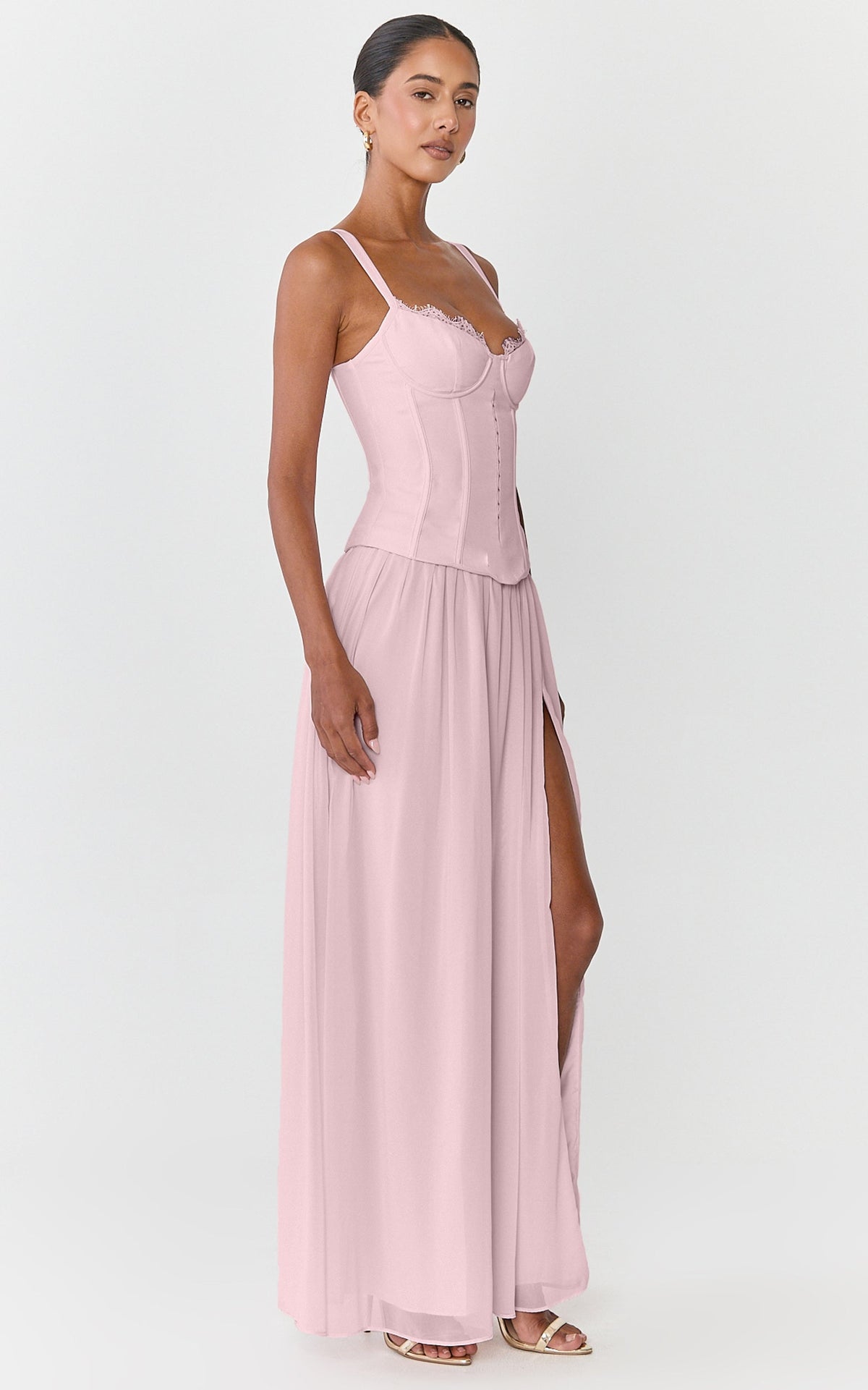 Leah Maxi Dress - Drop Waist Bustier Maxi Dres With Lace Bust Detail And Chiffon Skirt in Pink