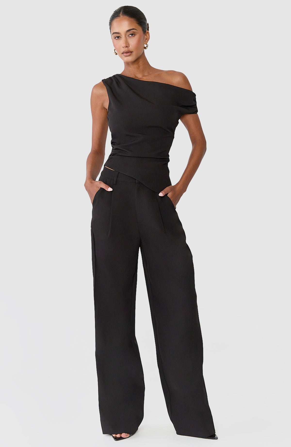 Valentina Two Piece Top and Pants Set - Off Shoulder Asymmetric Hem Top And Wide Leg Pants Set in Black
