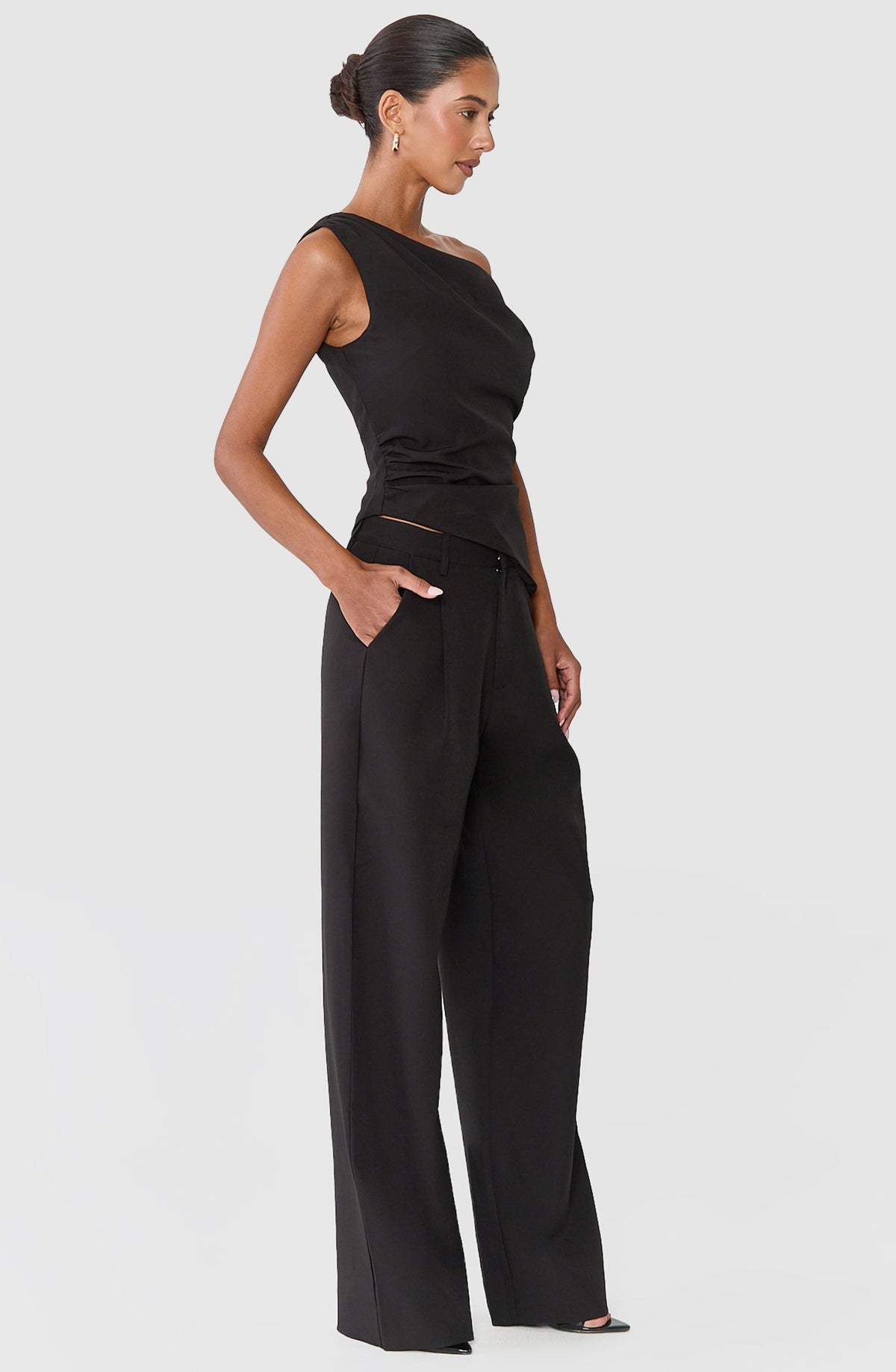Valentina Two Piece Top and Pants Set - Off Shoulder Asymmetric Hem Top And Wide Leg Pants Set in Black