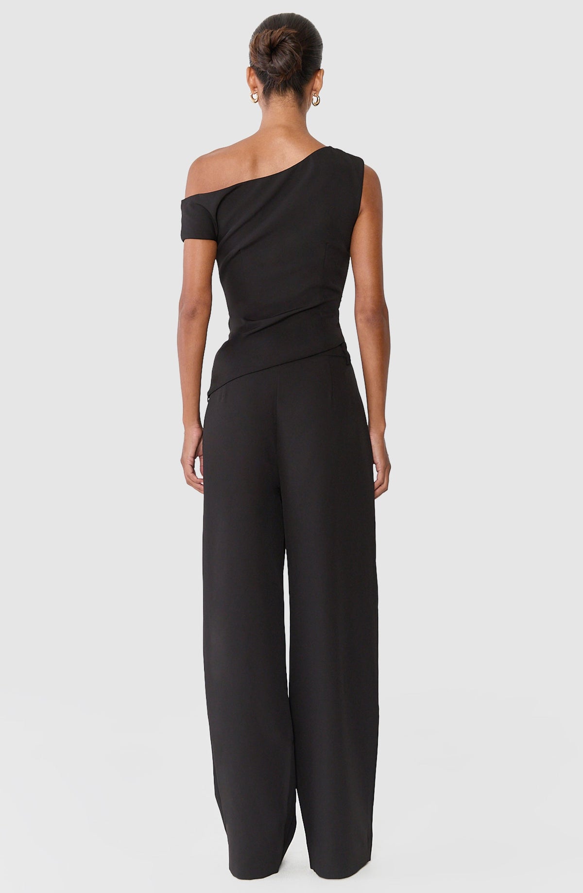 Valentina Two Piece Top and Pants Set - Off Shoulder Asymmetric Hem Top And Wide Leg Pants Set in Black