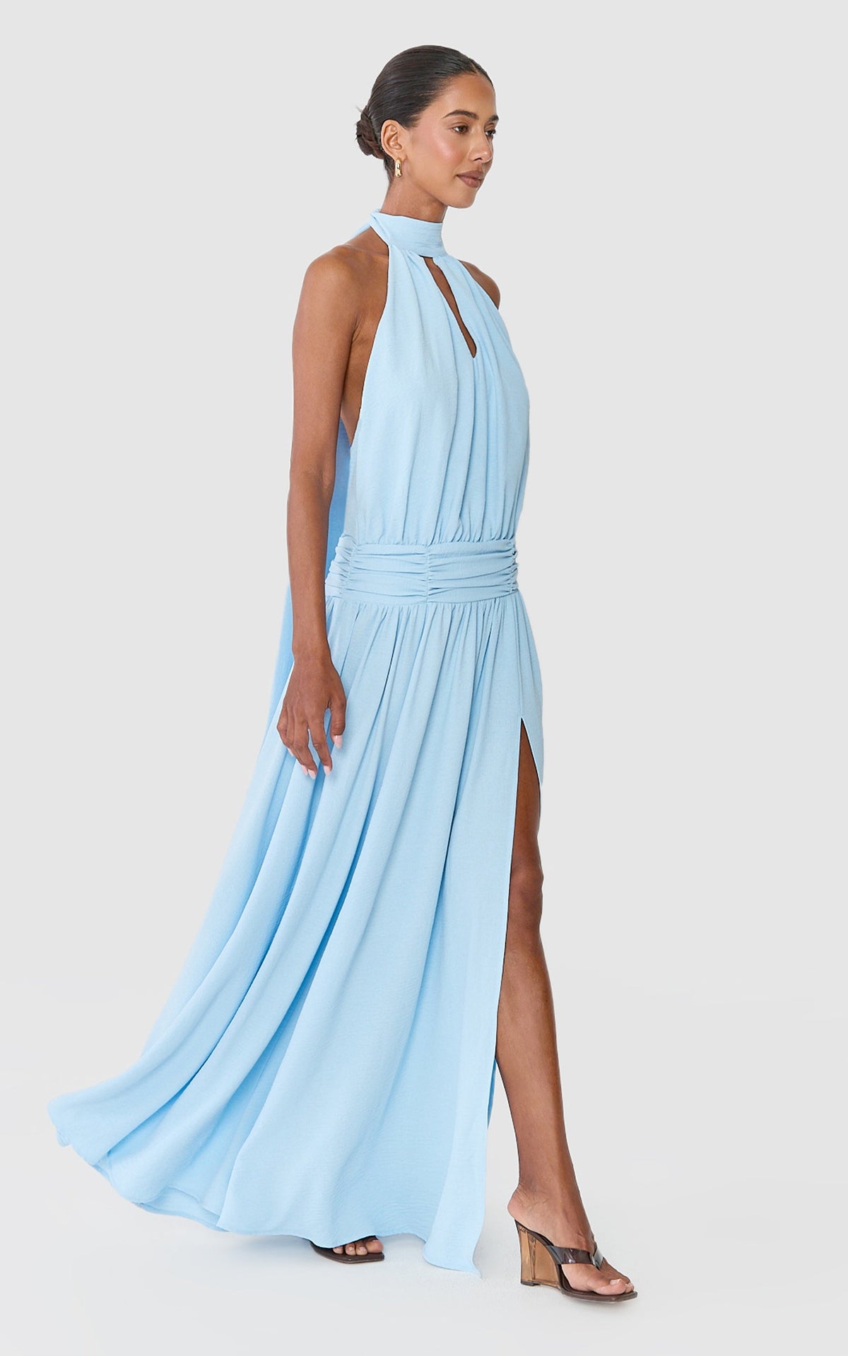 Moa Maxi Dress - Halter High Neck Backless Drop Waist Dress in Light Blue