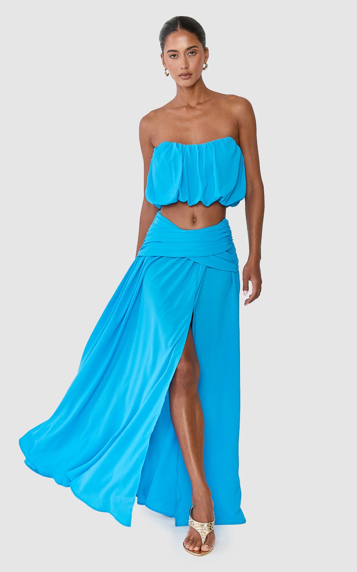 Naomi Maxi Skirt - Split Leg Wrap Waist Skirt in Blue
