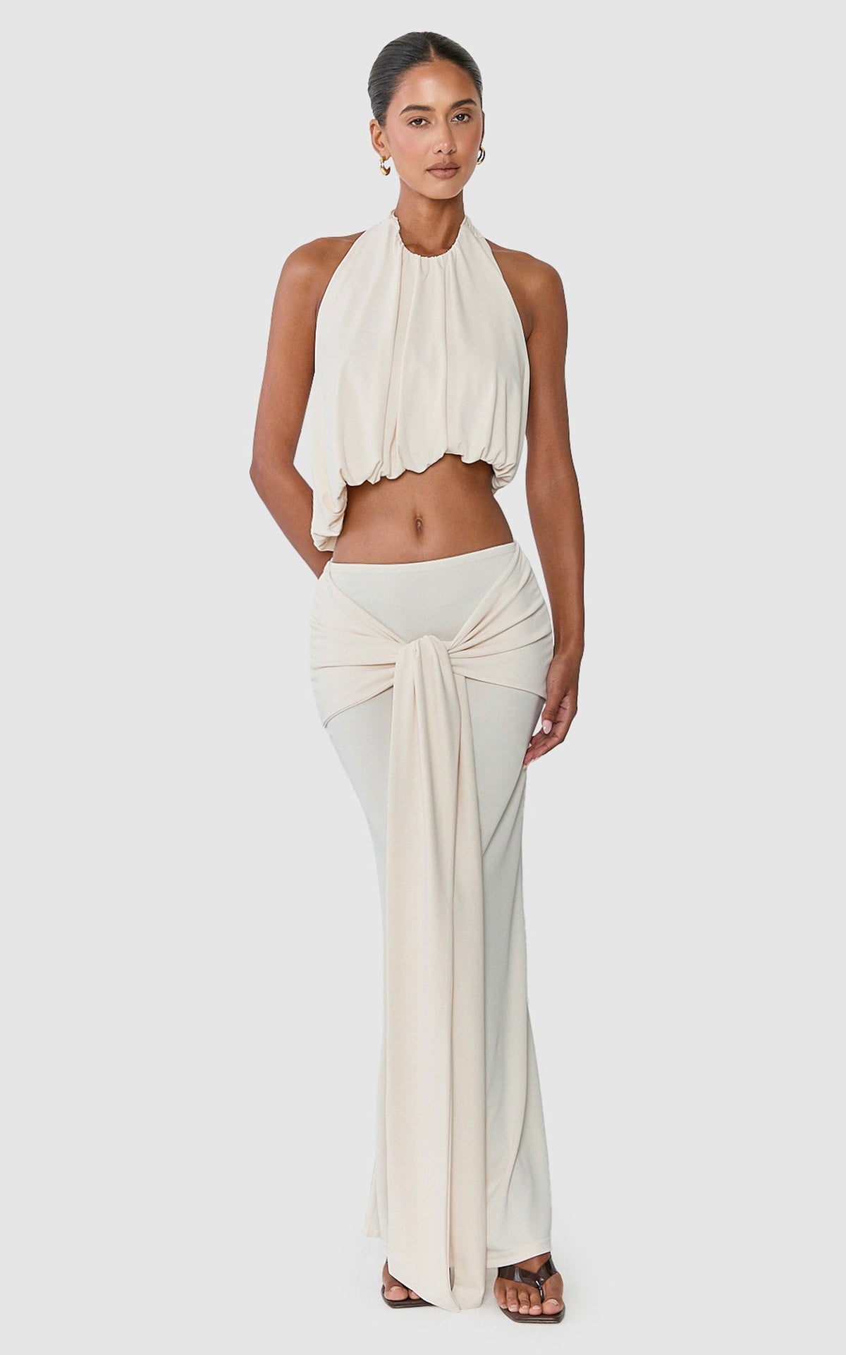 Natalia Maxi Skirt - Low Waisted Overlay Wrap Tie Skirt in Ivory