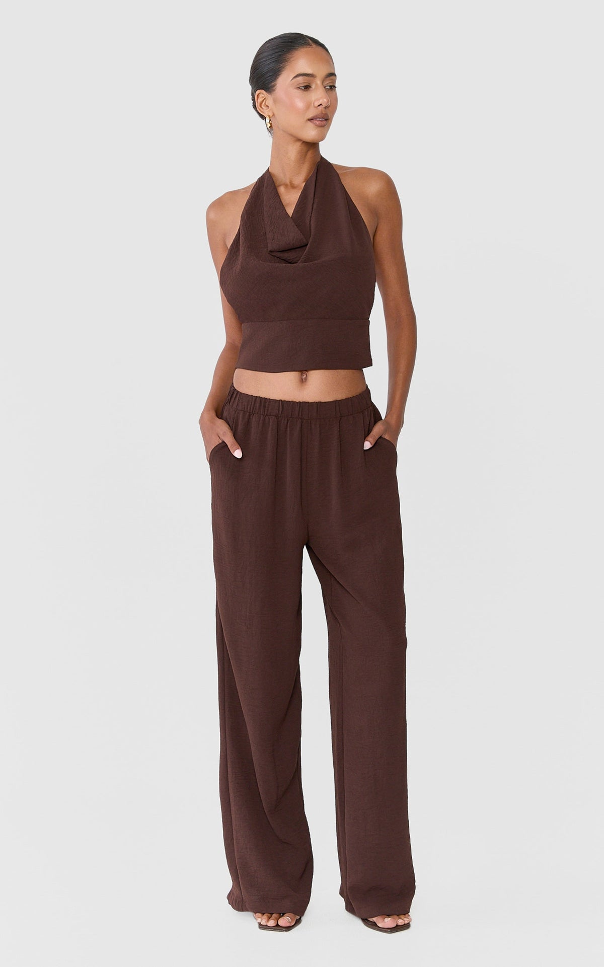 Nerissa Two Piece Set - High Cowl Halter Neck Top and Pant Set in Chocolate