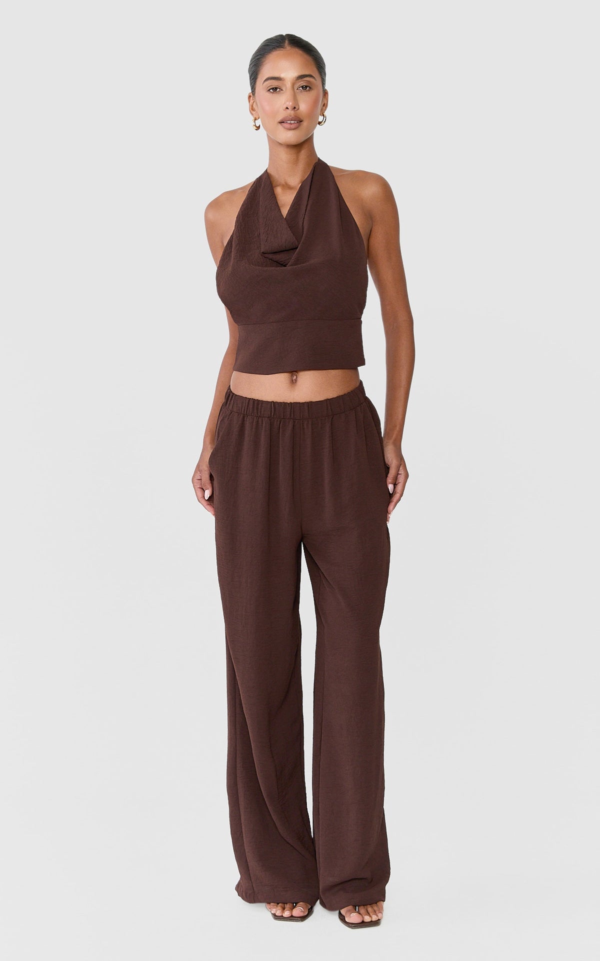 Nerissa Two Piece Set - High Cowl Halter Neck Top and Pant Set in Chocolate
